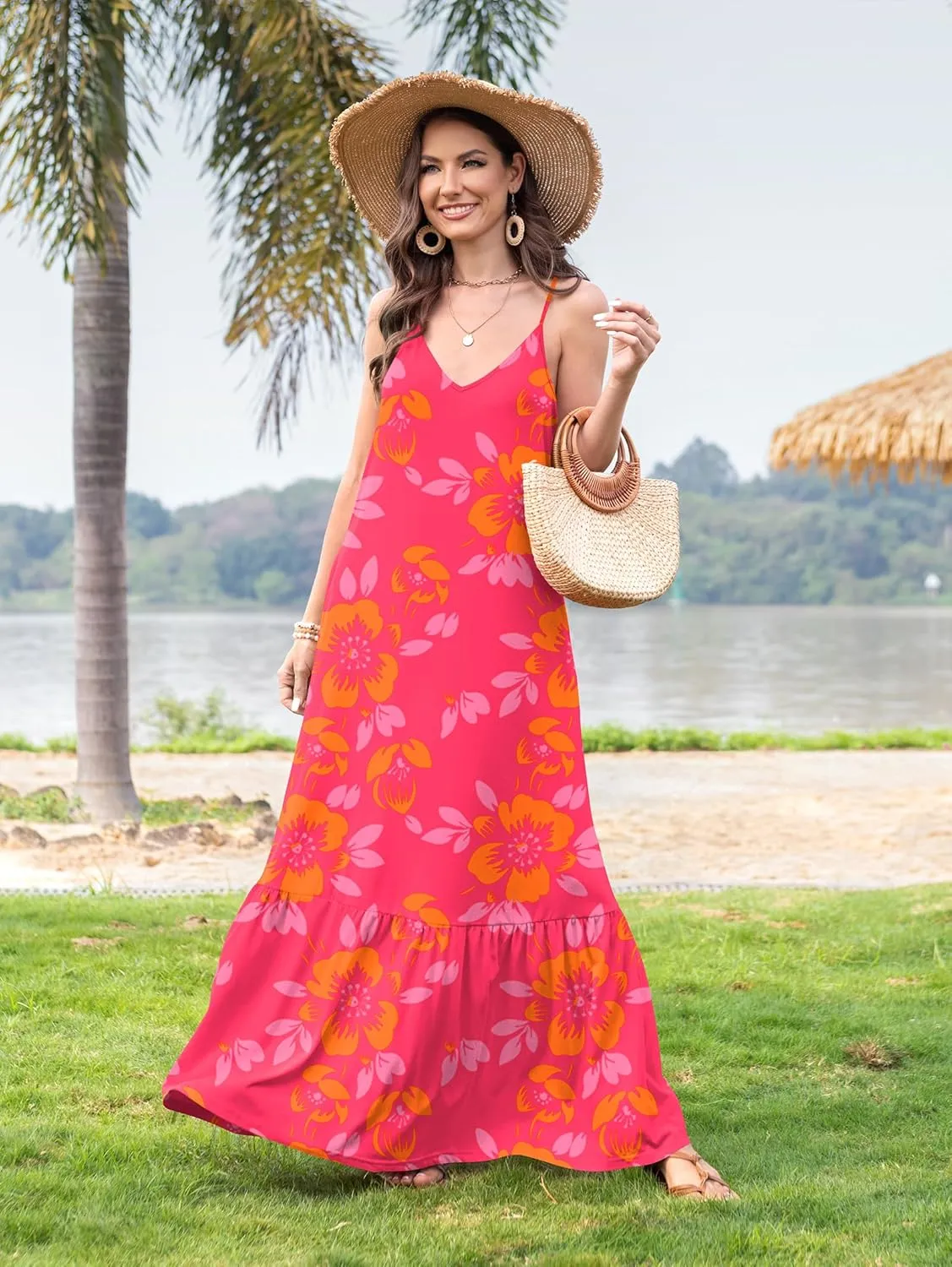 Naggoo Women's Summer Maxi Dress Casual V Neck Spaghetti Strap Beach Dress Flowy Swing Long Sundress with Pockets