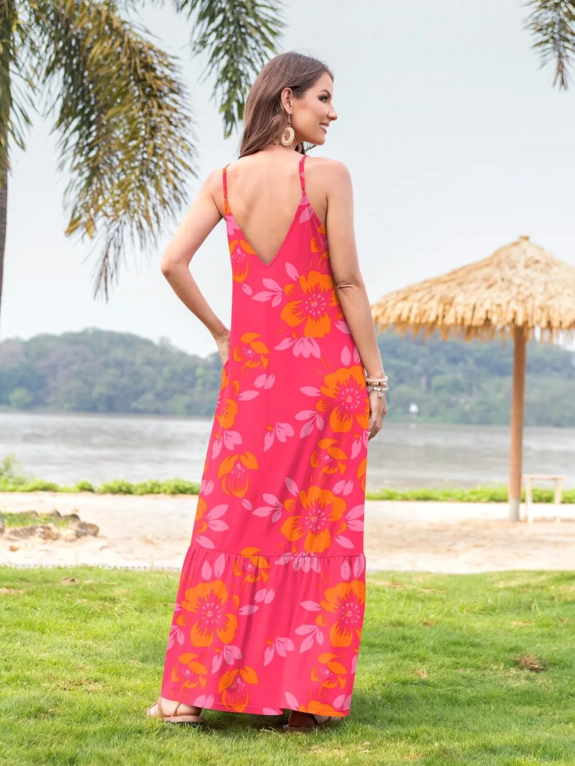 Naggoo Women's Summer Maxi Dress Casual V Neck Spaghetti Strap Beach Dress Flowy Swing Long Sundress with Pockets