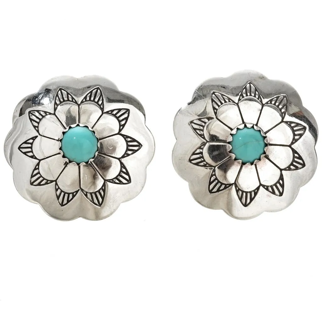 Navajo Turquoise Silver Blossom Concho Earrings Hammered Sterling Post Stud Design 1585