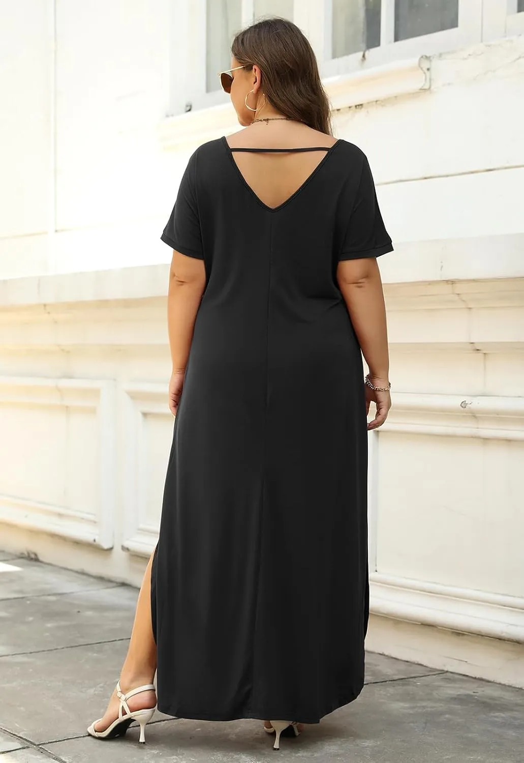 Nemidor Plus Size Maxi Dresses for Curvy Women Casual Summer Slit Loose Short Sleeve Long Dress with Pocket 14-26