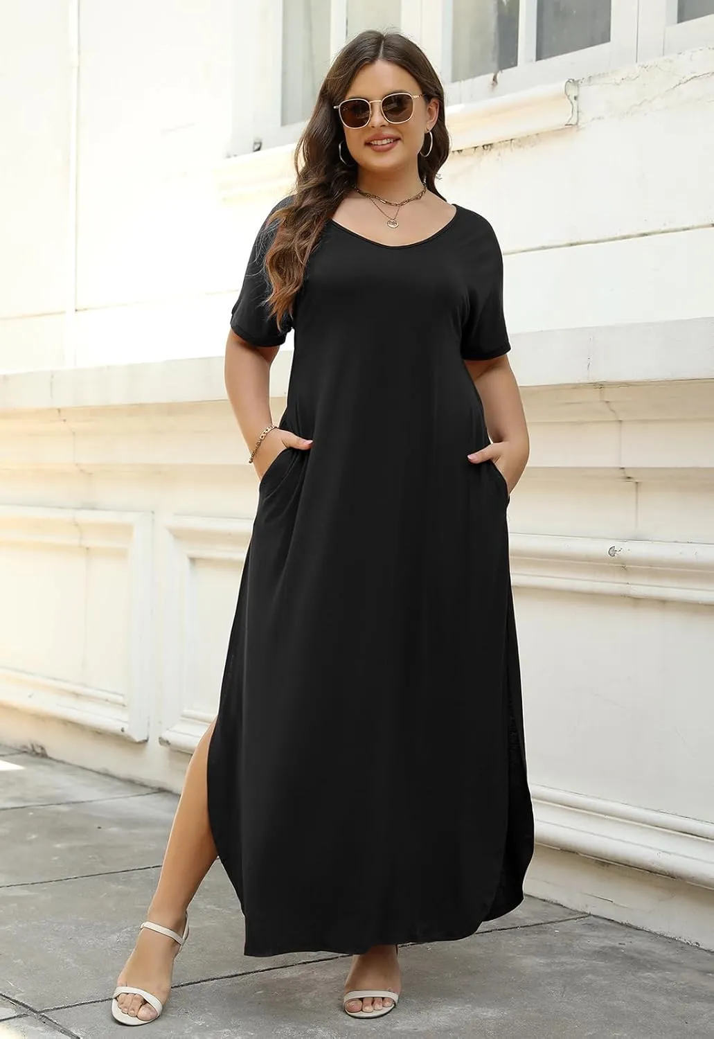Nemidor Plus Size Maxi Dresses for Curvy Women Casual Summer Slit Loose Short Sleeve Long Dress with Pocket 14-26