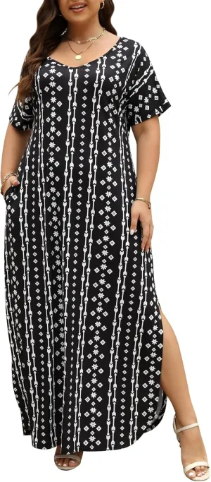 Nemidor Plus Size Maxi Dresses for Curvy Women Casual Summer Slit Loose Short Sleeve Long Dress with Pocket 14-26