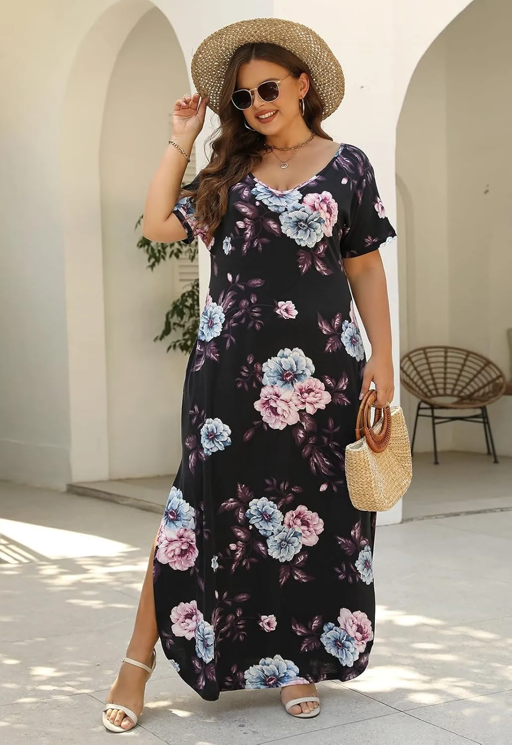 Nemidor Plus Size Maxi Dresses for Curvy Women Casual Summer Slit Loose Short Sleeve Long Dress with Pocket 14-26