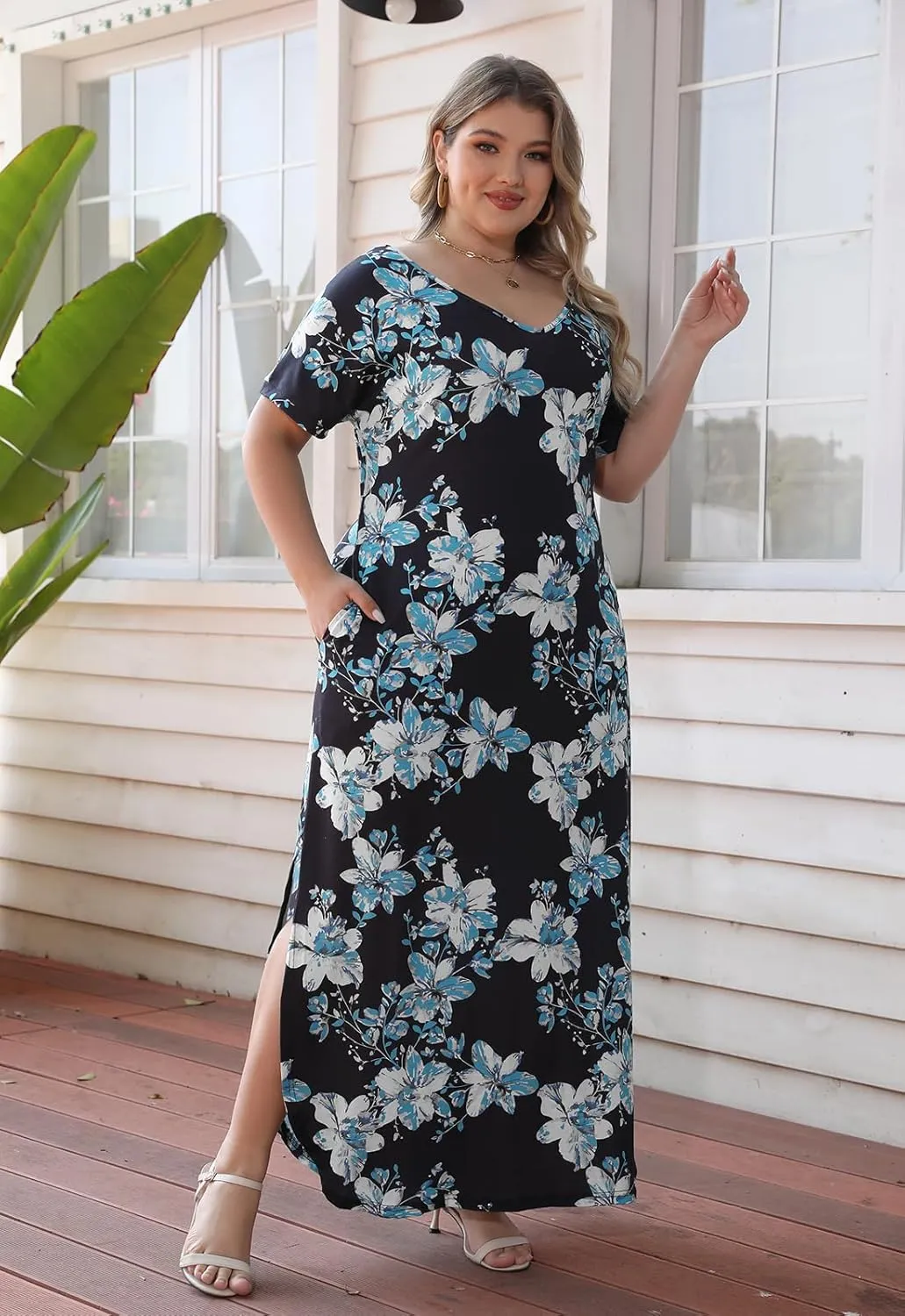 Nemidor Plus Size Maxi Dresses for Curvy Women Casual Summer Slit Loose Short Sleeve Long Dress with Pocket 14-26