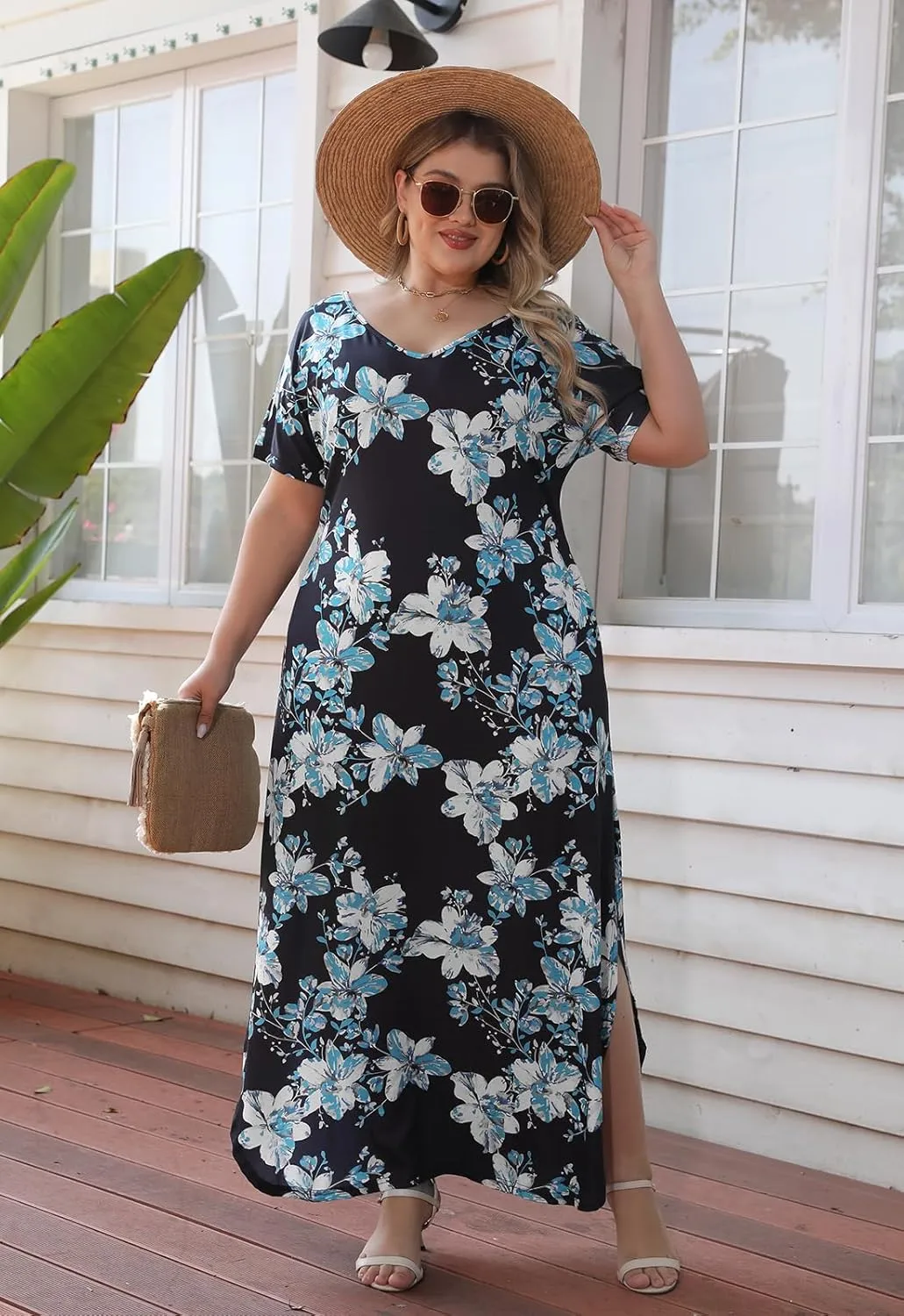 Nemidor Plus Size Maxi Dresses for Curvy Women Casual Summer Slit Loose Short Sleeve Long Dress with Pocket 14-26