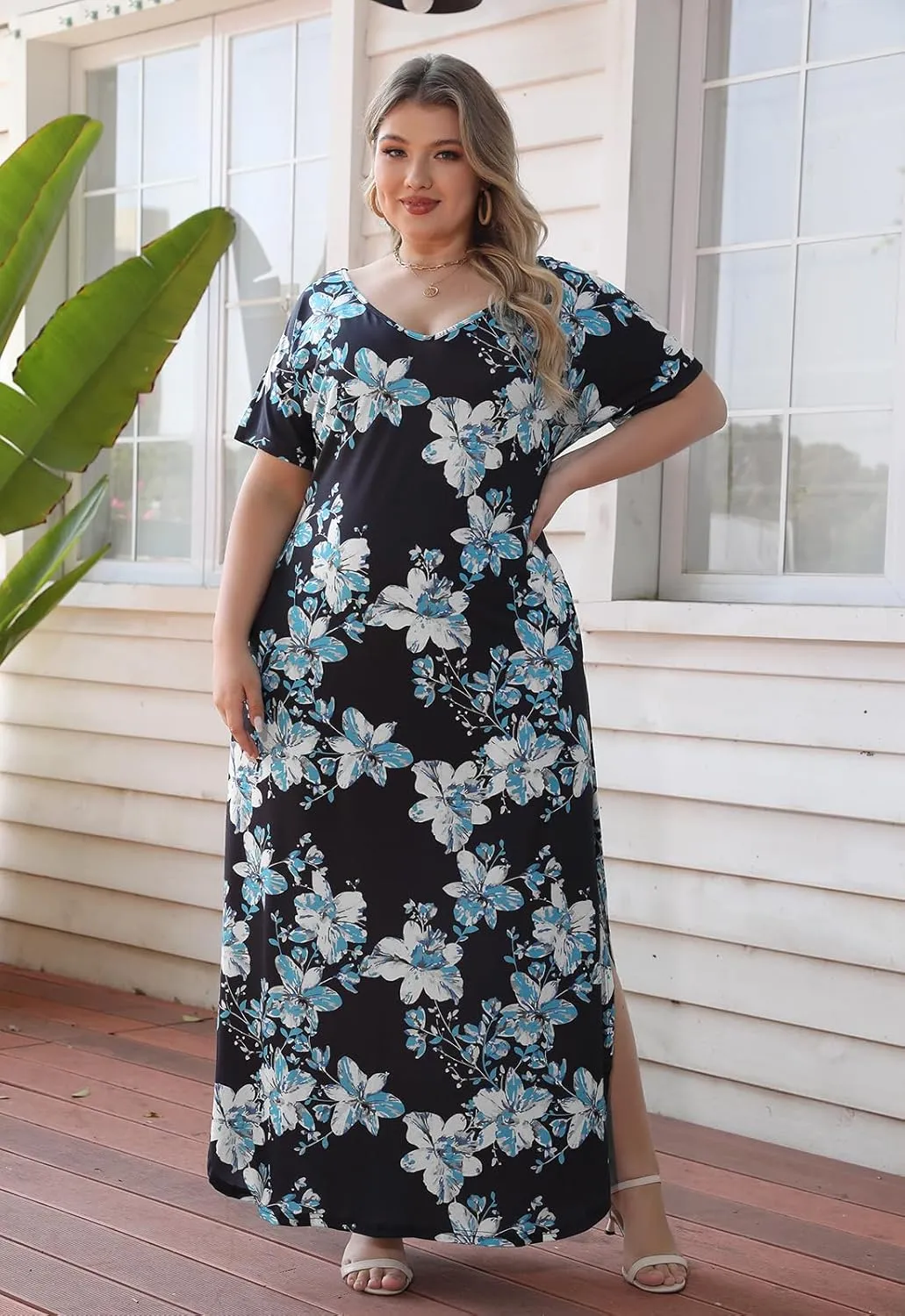 Nemidor Plus Size Maxi Dresses for Curvy Women Casual Summer Slit Loose Short Sleeve Long Dress with Pocket 14-26