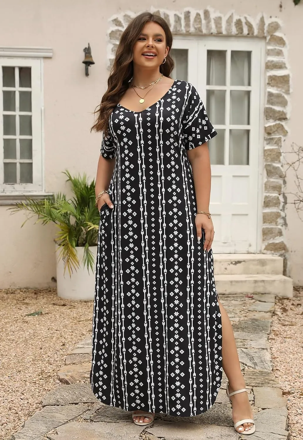 Nemidor Plus Size Maxi Dresses for Curvy Women Casual Summer Slit Loose Short Sleeve Long Dress with Pocket 14-26