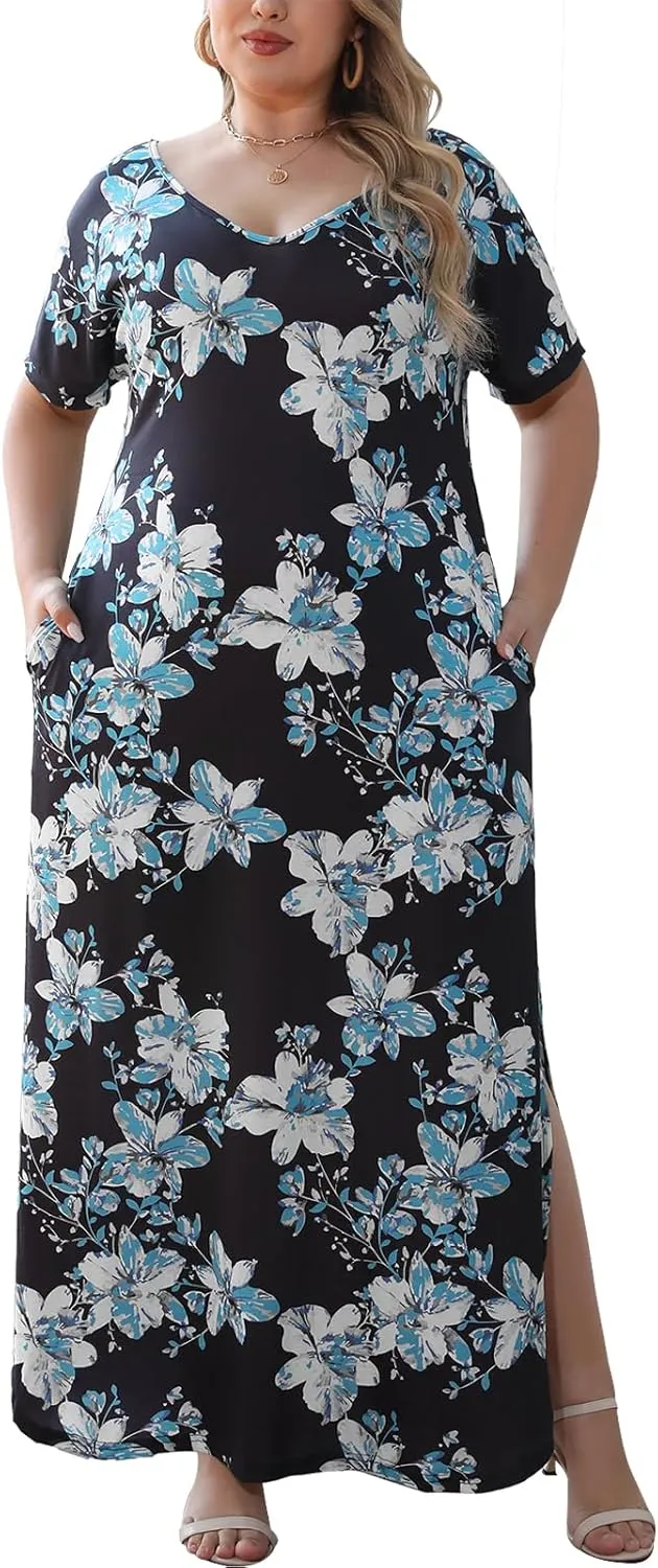 Nemidor Plus Size Maxi Dresses for Curvy Women Casual Summer Slit Loose Short Sleeve Long Dress with Pocket 14-26