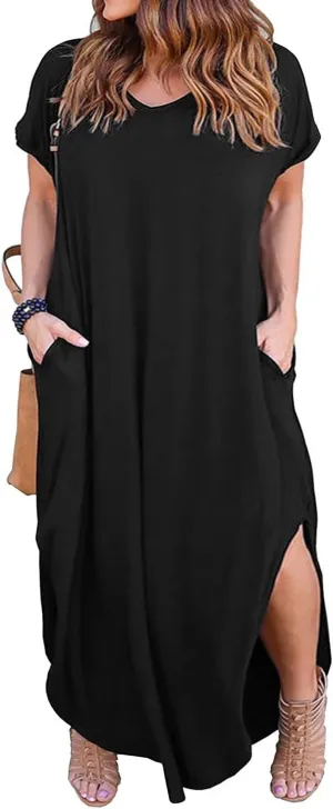 Nemidor Plus Size Maxi Dresses for Curvy Women Casual Summer Slit Loose Short Sleeve Long Dress with Pocket 14-26