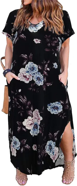 Nemidor Plus Size Maxi Dresses for Curvy Women Casual Summer Slit Loose Short Sleeve Long Dress with Pocket 14-26