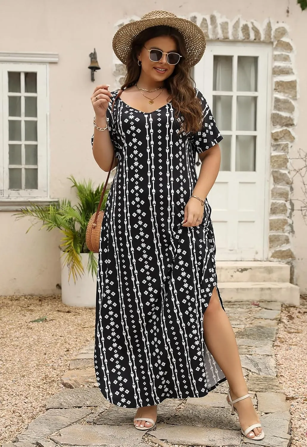Nemidor Plus Size Maxi Dresses for Curvy Women Casual Summer Slit Loose Short Sleeve Long Dress with Pocket 14-26