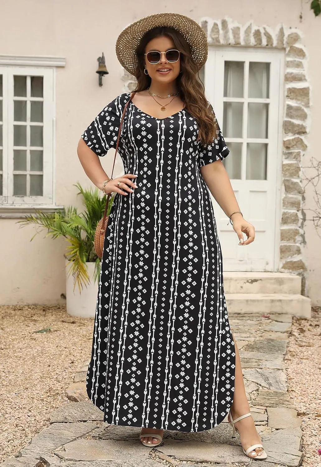 Nemidor Plus Size Maxi Dresses for Curvy Women Casual Summer Slit Loose Short Sleeve Long Dress with Pocket 14-26