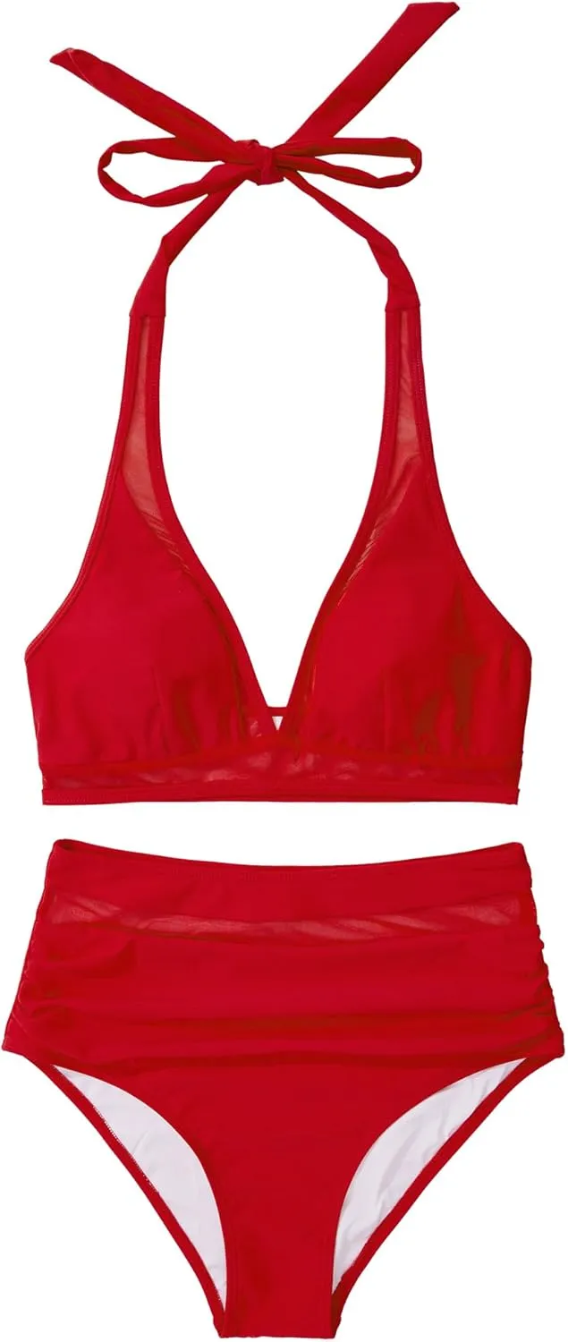 OMKAGI Women Mesh High Waisted Bikini Set Sexy V Neck Tummy Control Swimsuit Bathing Suit