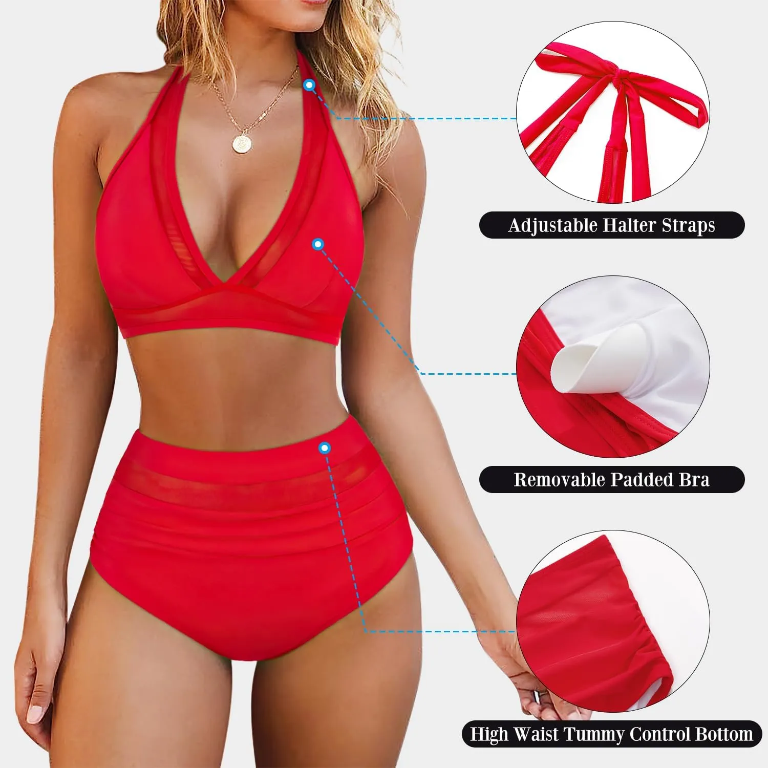 OMKAGI Women Mesh High Waisted Bikini Set Sexy V Neck Tummy Control Swimsuit Bathing Suit