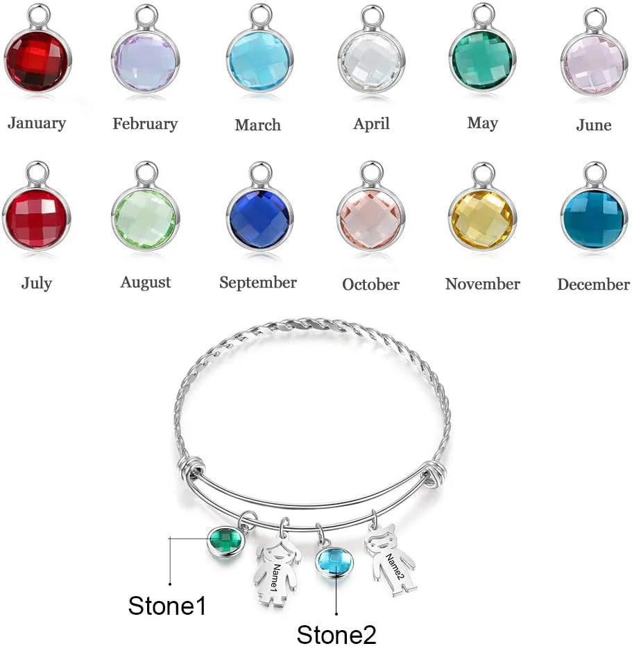 OPALSTOCK Personalized Simulated Birthstones Bracelets for Women Dolls Boy and Girl Names Mom Bangle Customized Infinity Charm Gift