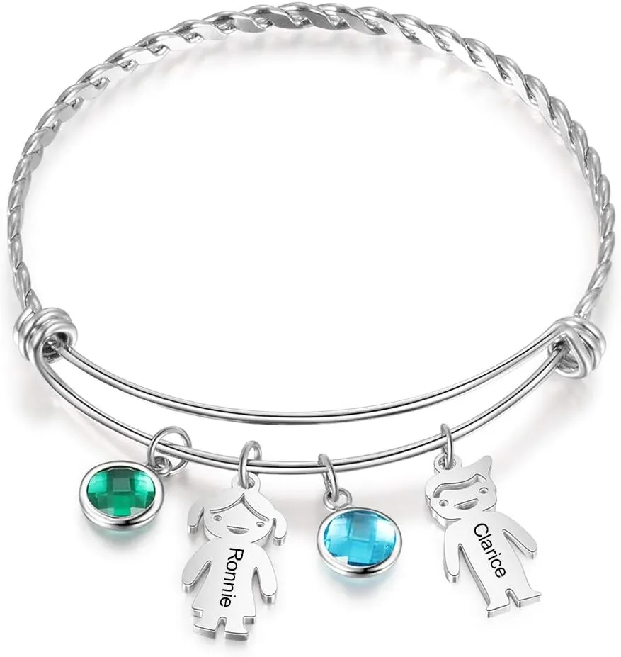 OPALSTOCK Personalized Simulated Birthstones Bracelets for Women Dolls Boy and Girl Names Mom Bangle Customized Infinity Charm Gift