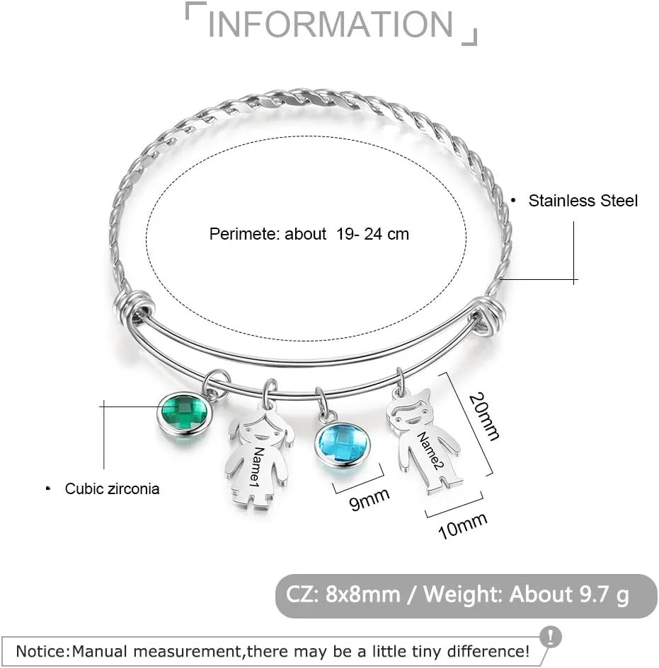 OPALSTOCK Personalized Simulated Birthstones Bracelets for Women Dolls Boy and Girl Names Mom Bangle Customized Infinity Charm Gift