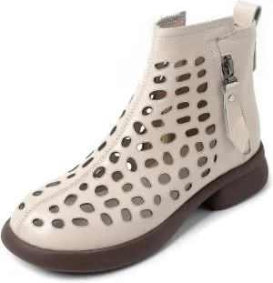 Optigard Women's Hollow Leather Soft Sole Ankle Boots Summer Round Toe Breathable Comfort Side Zipper Booties Sandals Casual Dress Booties