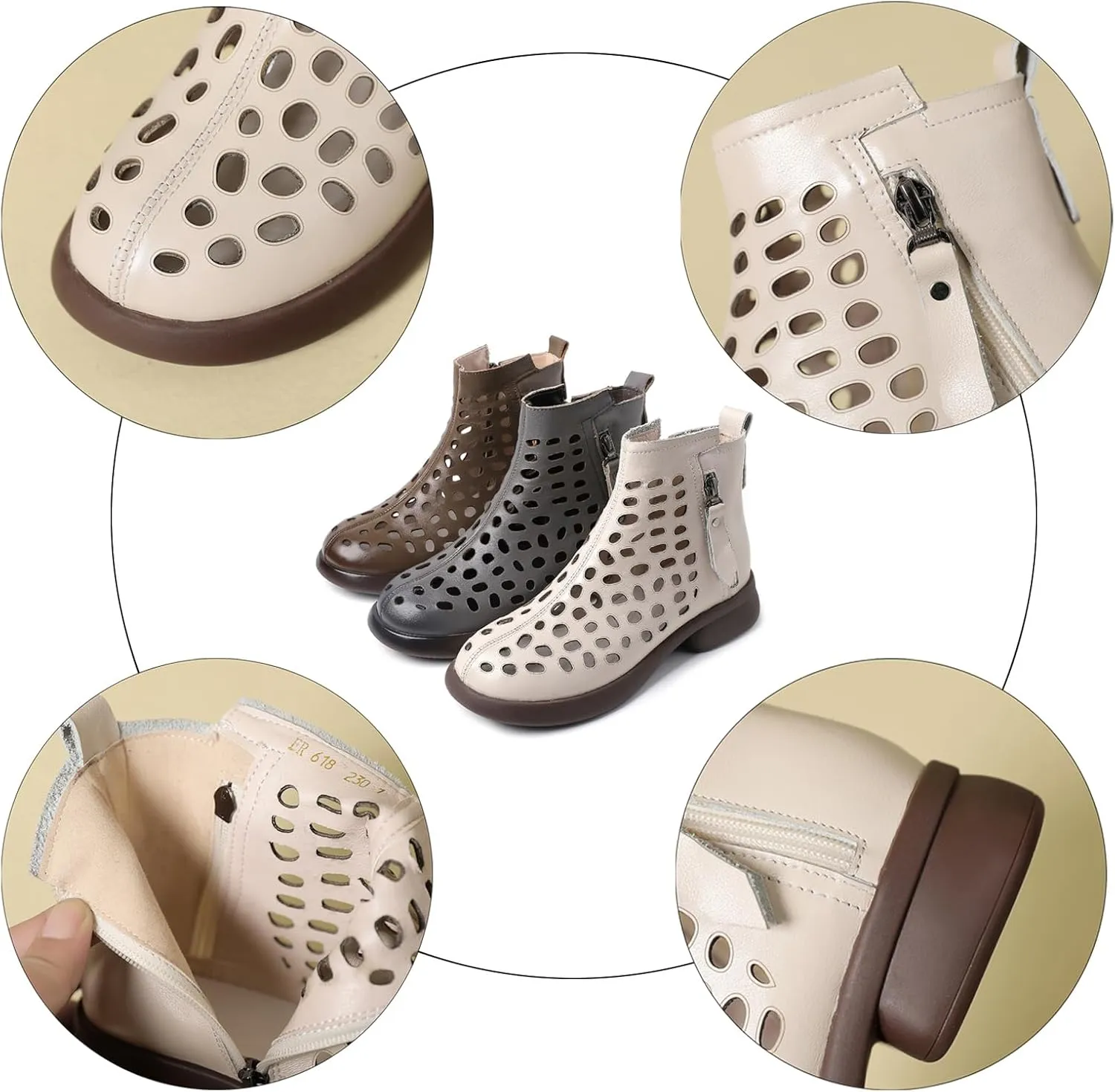 Optigard Women's Hollow Leather Soft Sole Ankle Boots Summer Round Toe Breathable Comfort Side Zipper Booties Sandals Casual Dress Booties