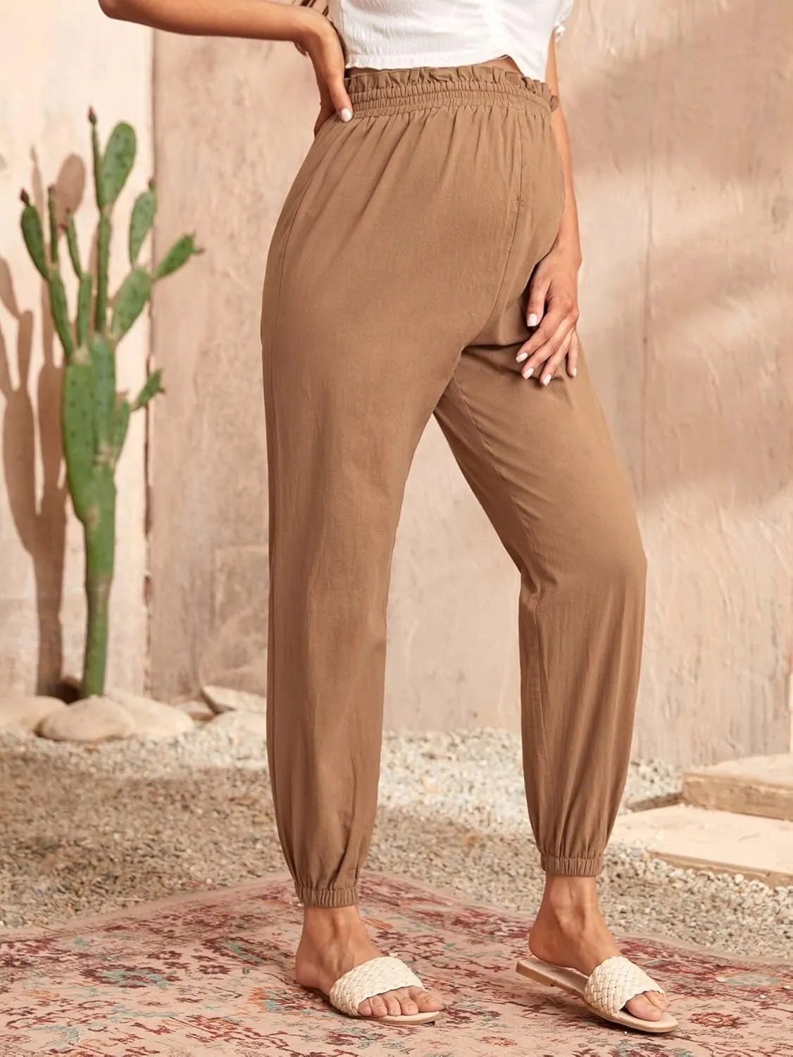 OYOANGLE Women's Maternity Solid High Waist Work Carrot Pants Pregnancy Jogger Trousers Sweatpants