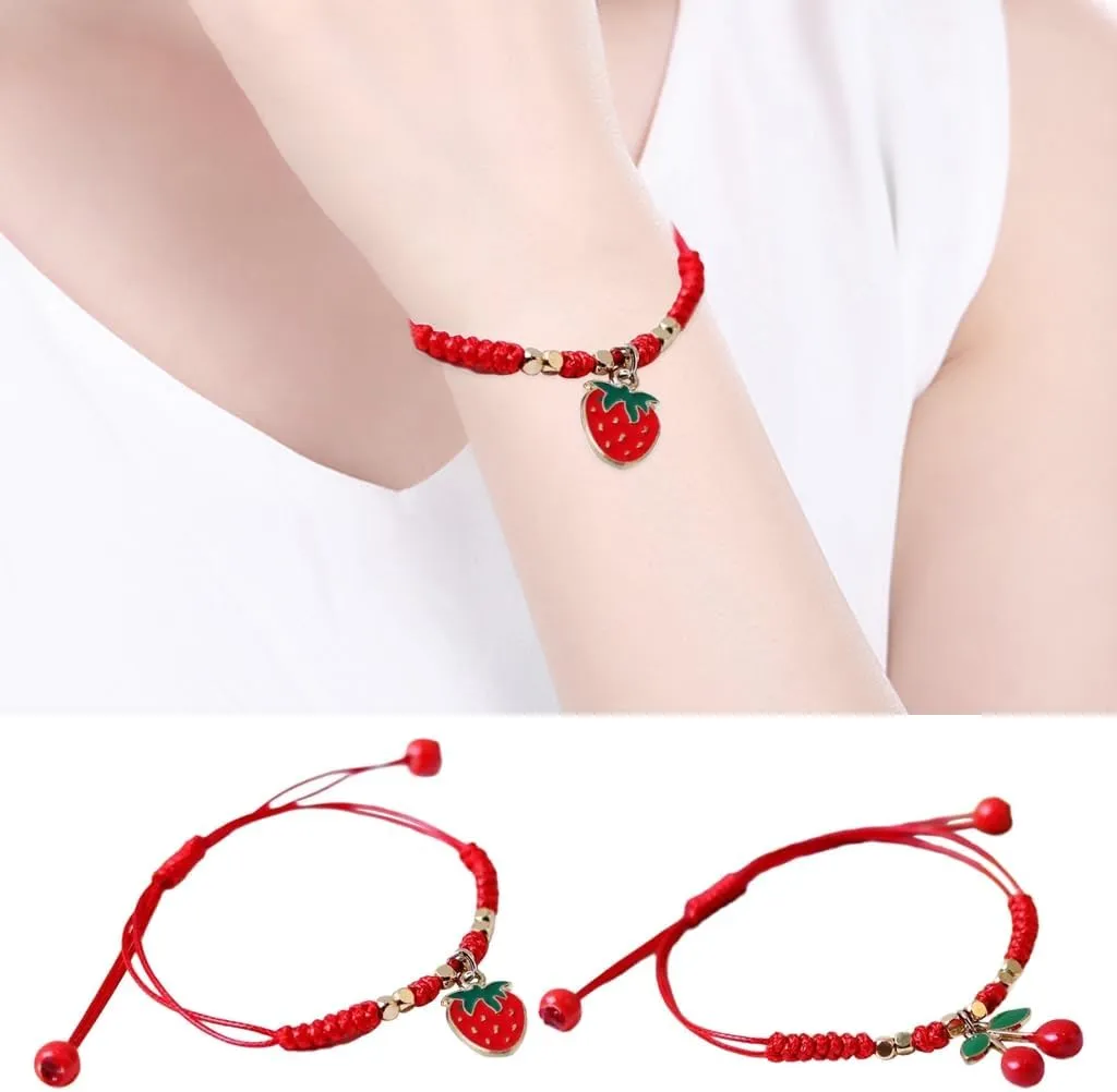 Pack of 2 Stylish Beaded Bracelets Unique Friendship Bracelets Delicate Strawberry/Pendant Hand Rope Accessory
