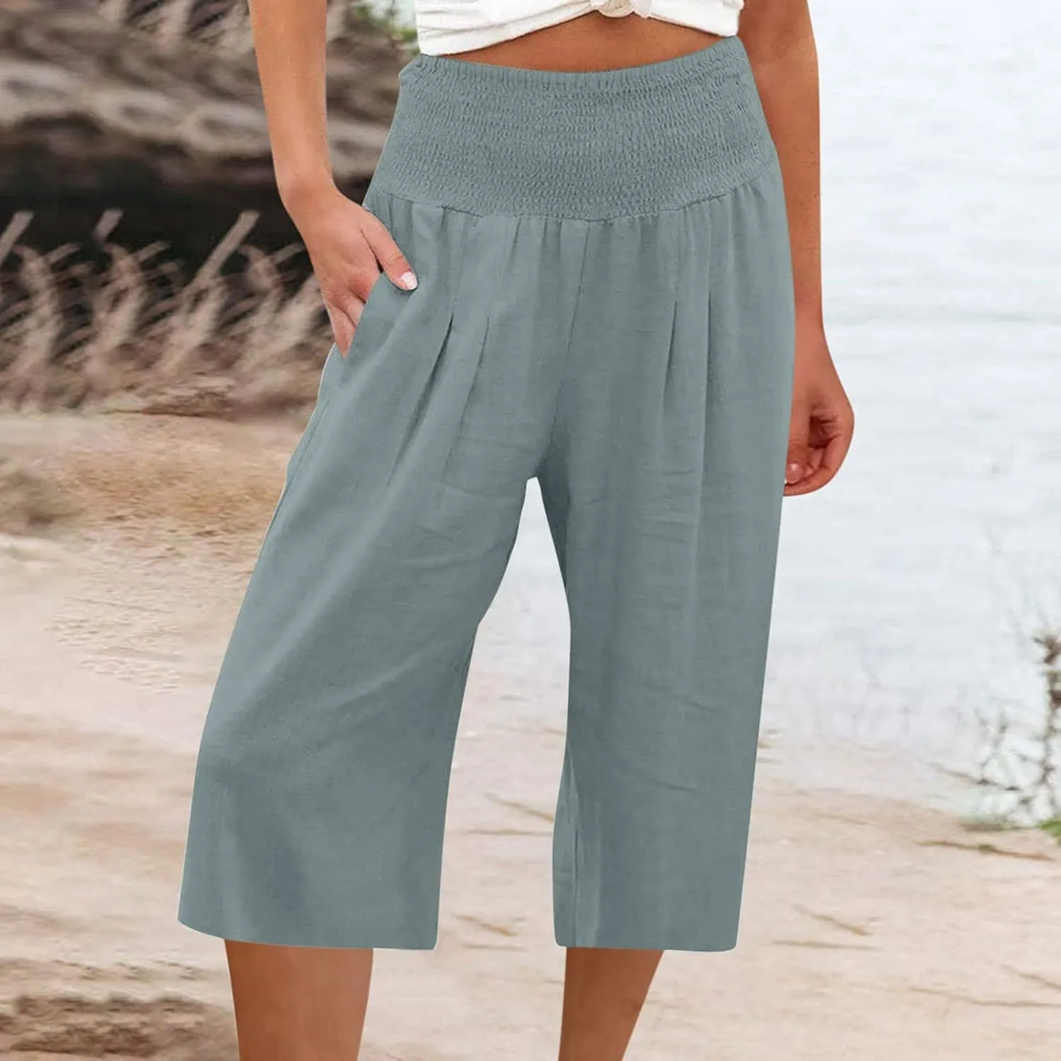Palazzo Pants for Women Dressy Elastic High Waist Paperbag Pants Lightweight Flowy Casual Wide Leg Linen Pants