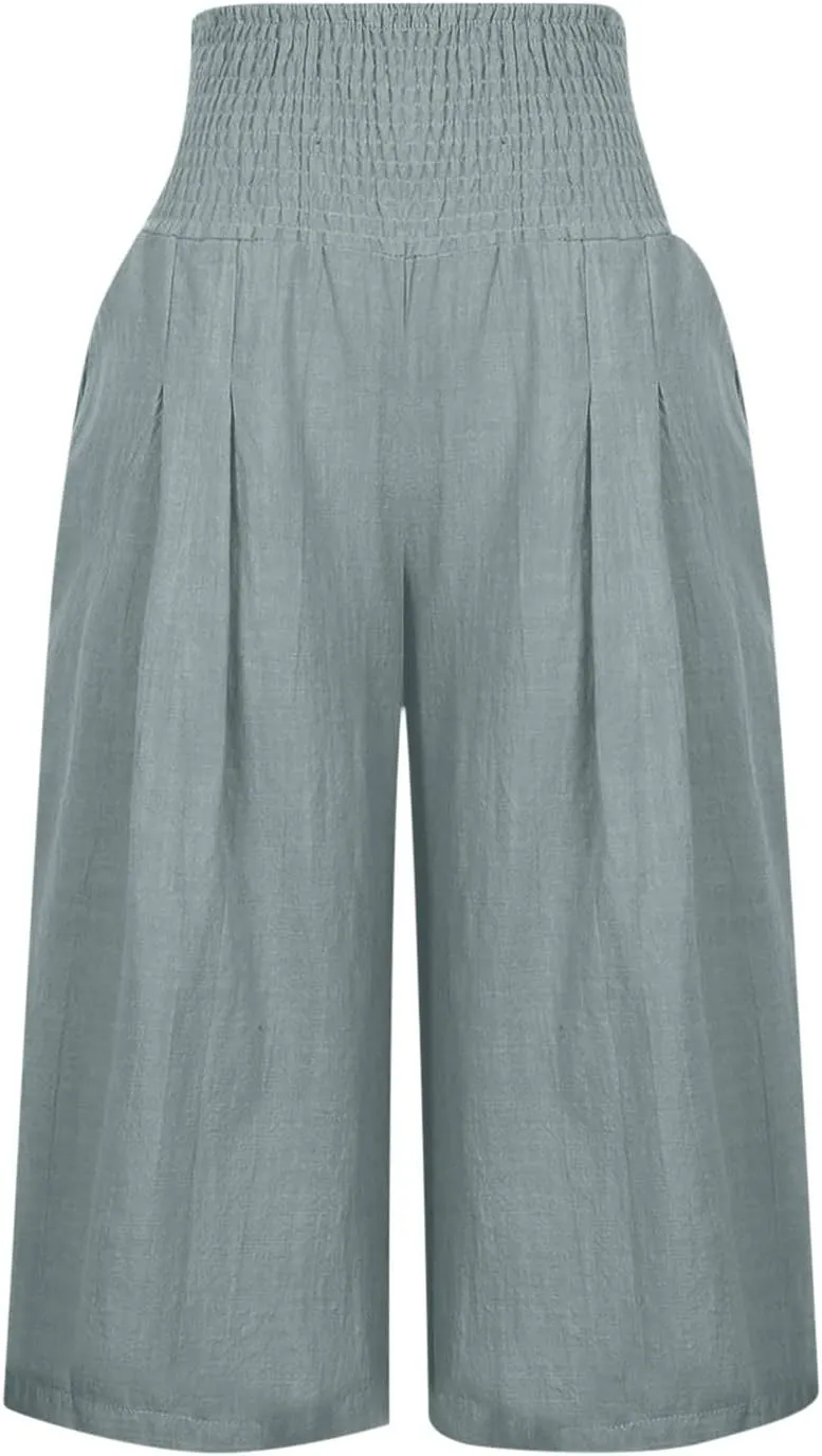 Palazzo Pants for Women Dressy Elastic High Waist Paperbag Pants Lightweight Flowy Casual Wide Leg Linen Pants
