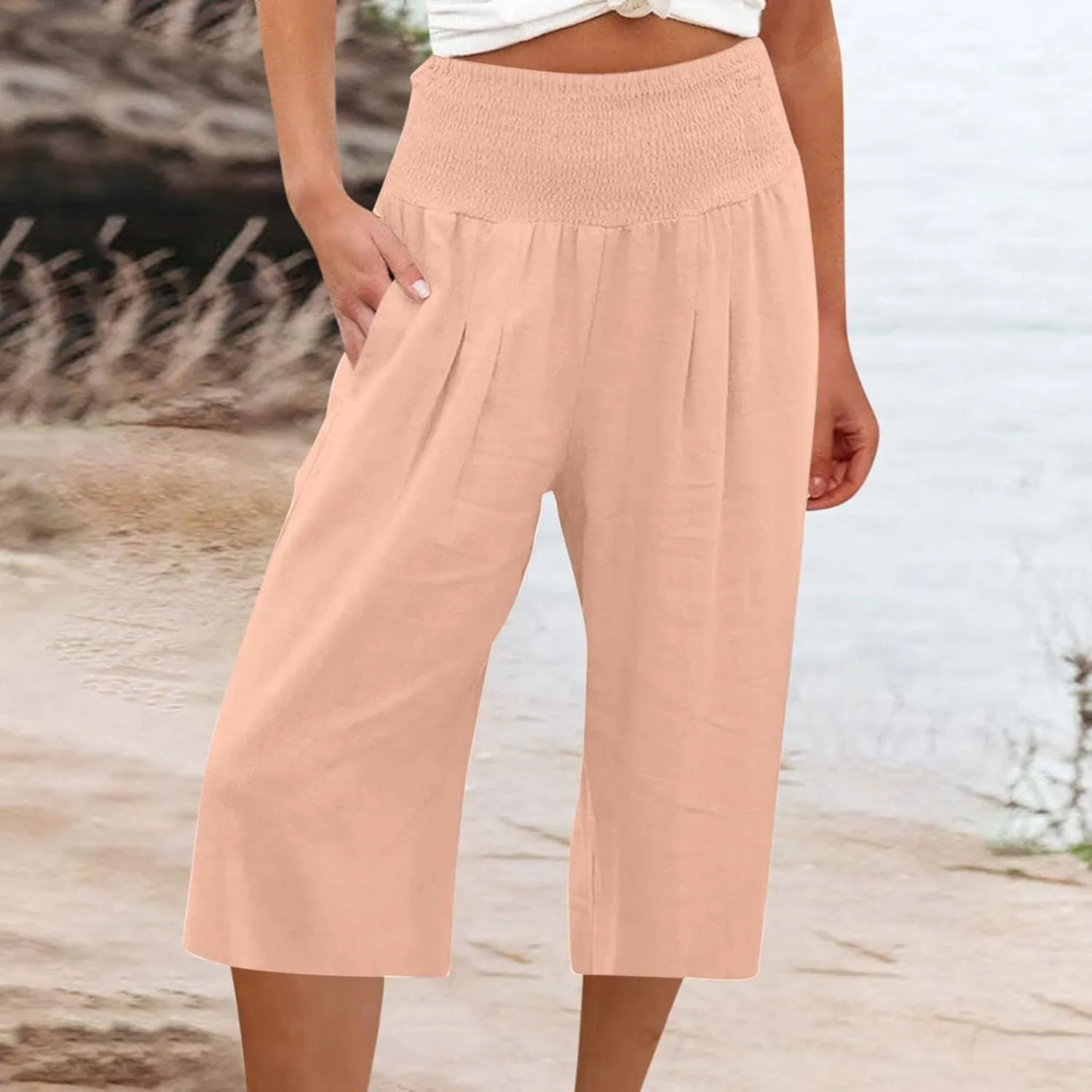 Palazzo Pants for Women Dressy Elastic High Waist Paperbag Pants Lightweight Flowy Casual Wide Leg Linen Pants