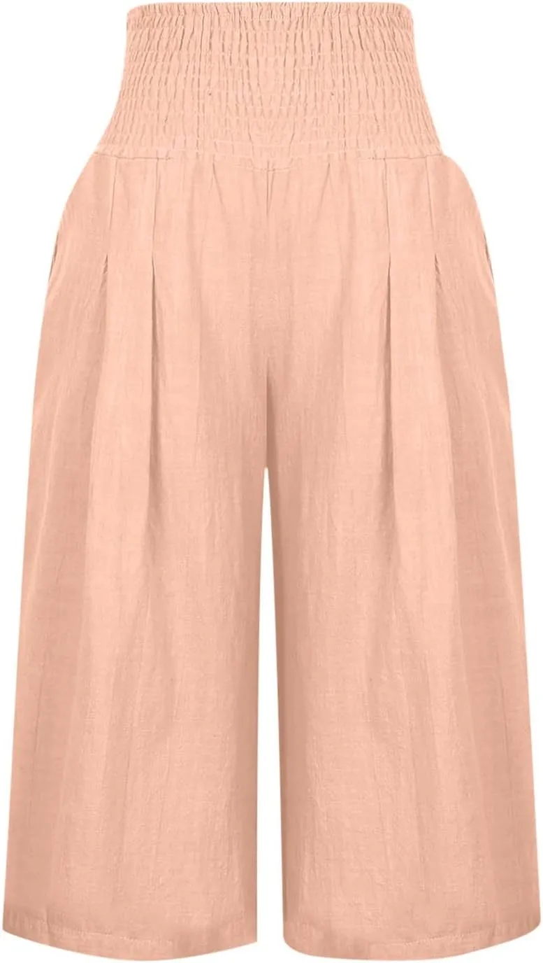 Palazzo Pants for Women Dressy Elastic High Waist Paperbag Pants Lightweight Flowy Casual Wide Leg Linen Pants