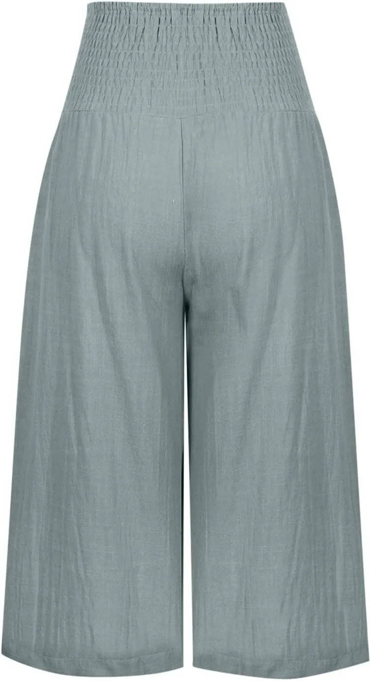 Palazzo Pants for Women Dressy Elastic High Waist Paperbag Pants Lightweight Flowy Casual Wide Leg Linen Pants