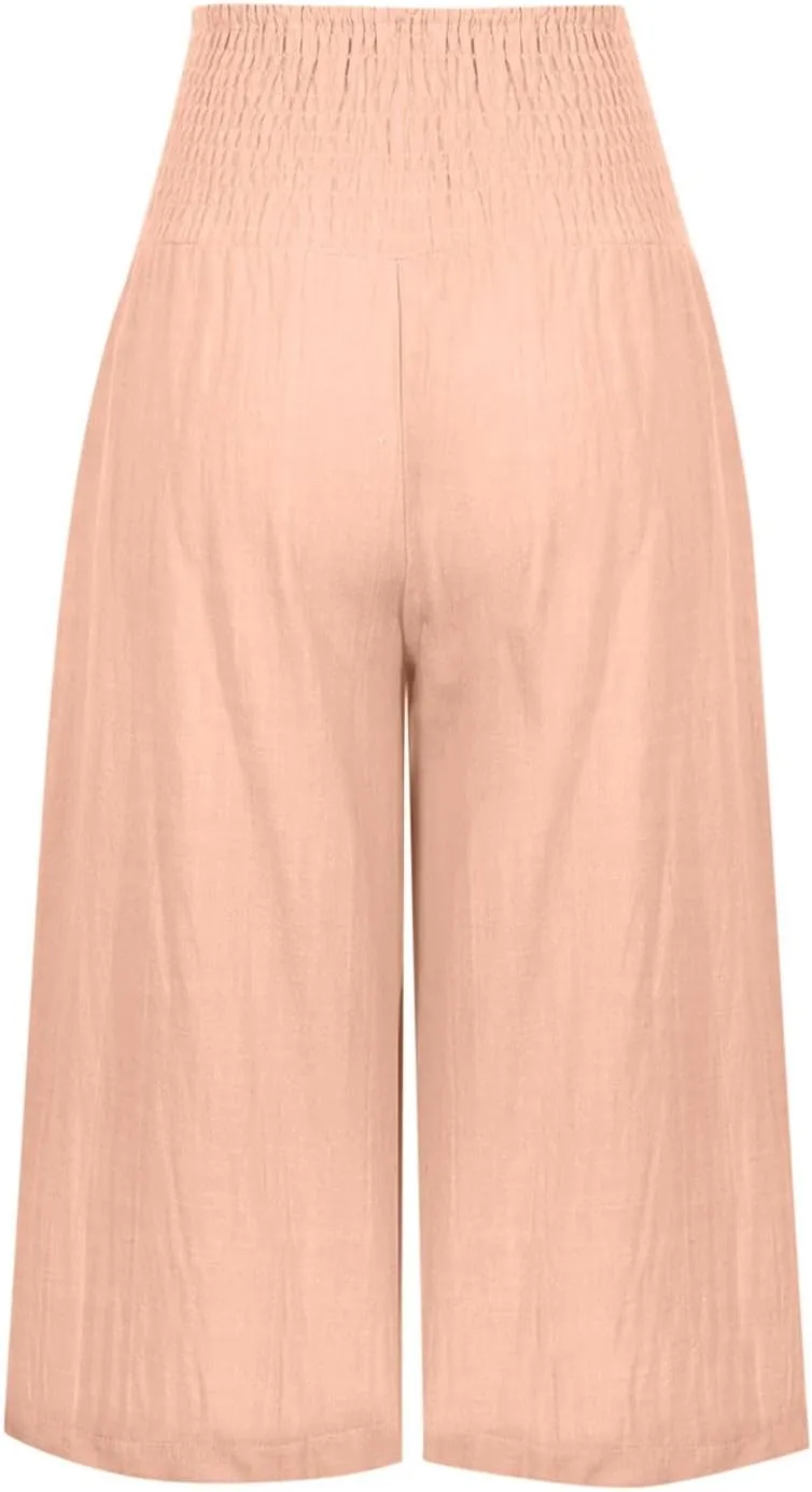 Palazzo Pants for Women Dressy Elastic High Waist Paperbag Pants Lightweight Flowy Casual Wide Leg Linen Pants