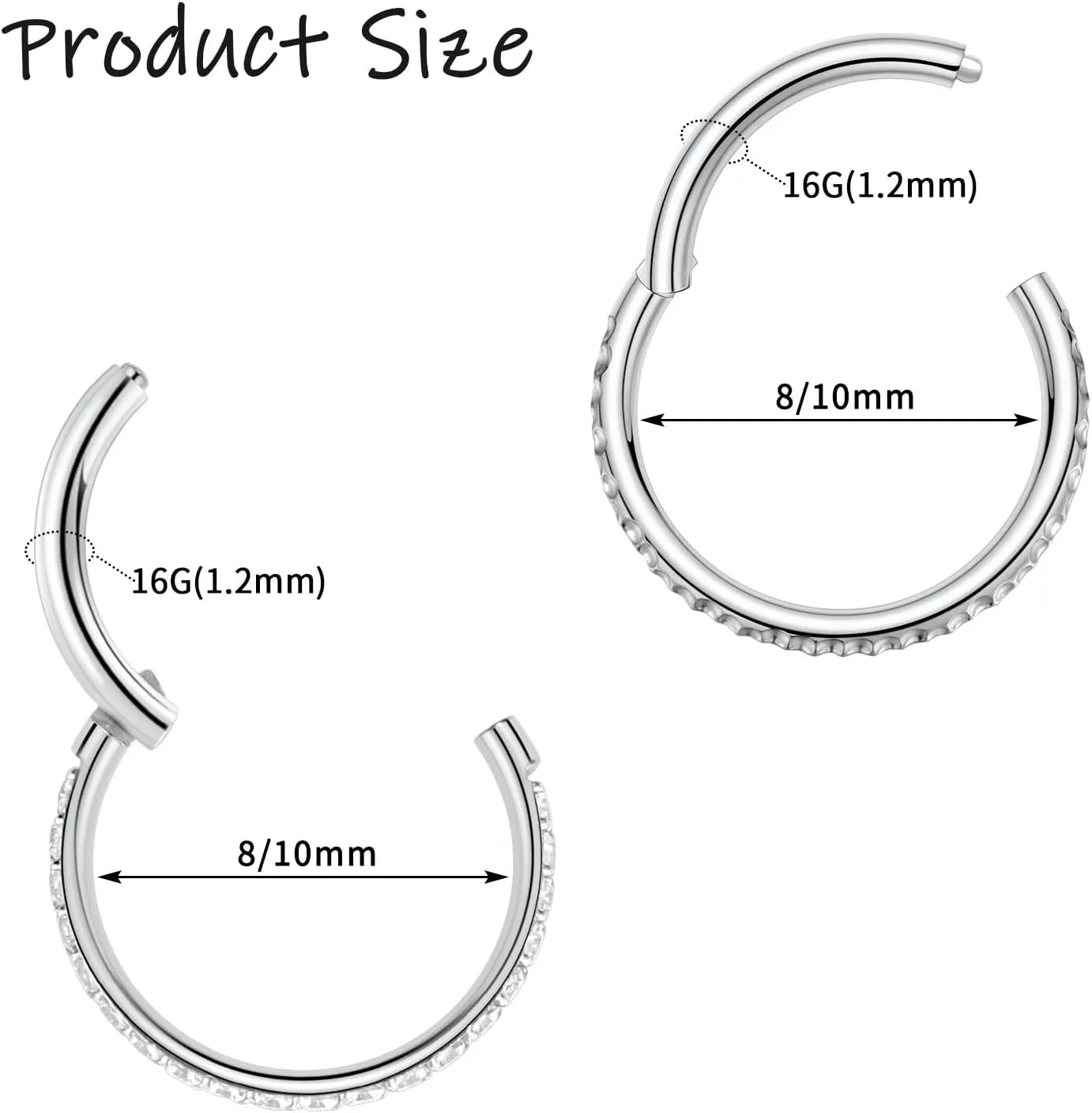 PEAKLINK 16G Nose Hoop Rings Conch Piercing Jewelry 1 Pair Cartilage Helix Earrings Septum Jewelry Hinged Segment Ring Lip Ring Surgical Steel Daith Rook Tragus Lobe Conch Hoop Earrings 8mm 10mm