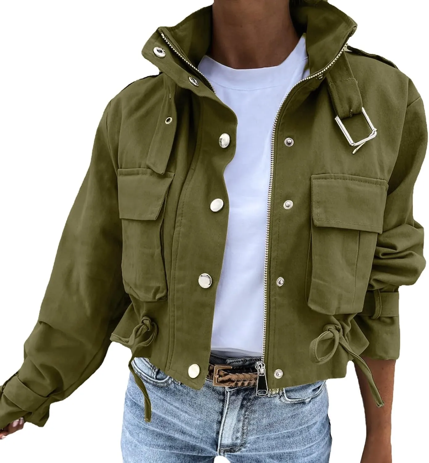 PeQAQ Women's Military Cropped Jackets Trendy Cropped Cargo Coats Button Down Lightweight Utility Anorak Coat with Pockets