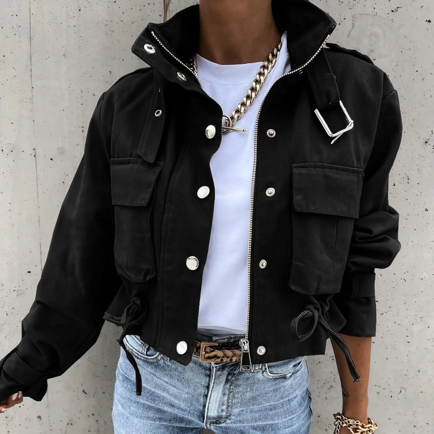 PeQAQ Women's Military Cropped Jackets Trendy Cropped Cargo Coats Button Down Lightweight Utility Anorak Coat with Pockets
