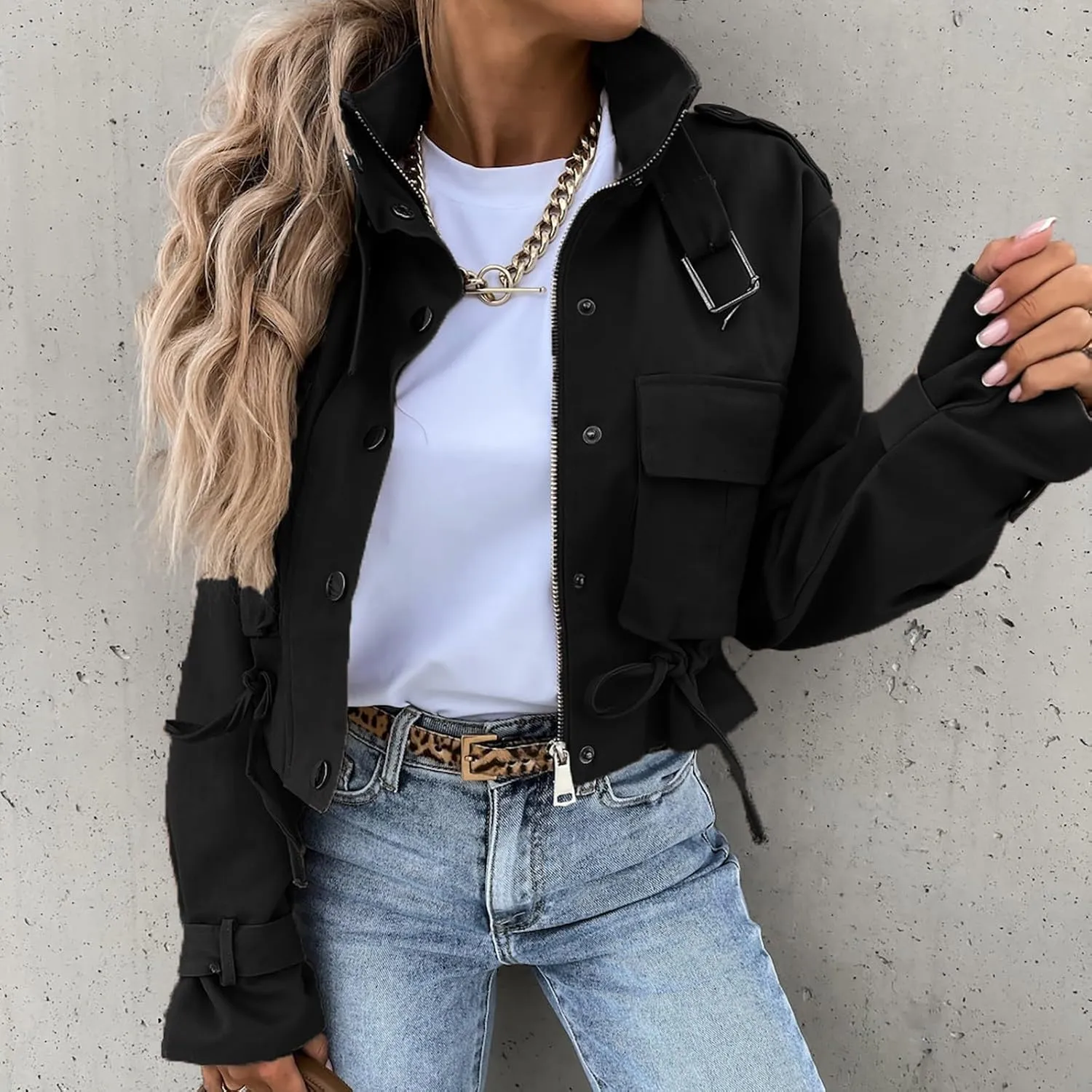 PeQAQ Women's Military Cropped Jackets Trendy Cropped Cargo Coats Button Down Lightweight Utility Anorak Coat with Pockets
