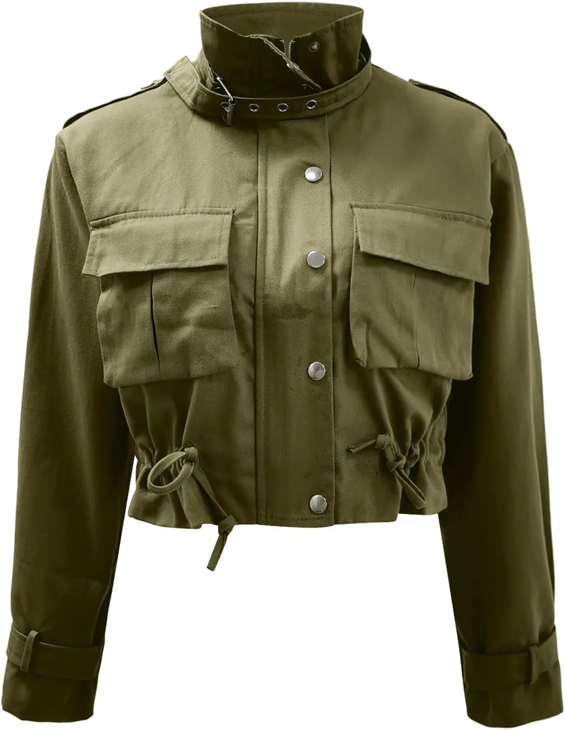 PeQAQ Women's Military Cropped Jackets Trendy Cropped Cargo Coats Button Down Lightweight Utility Anorak Coat with Pockets