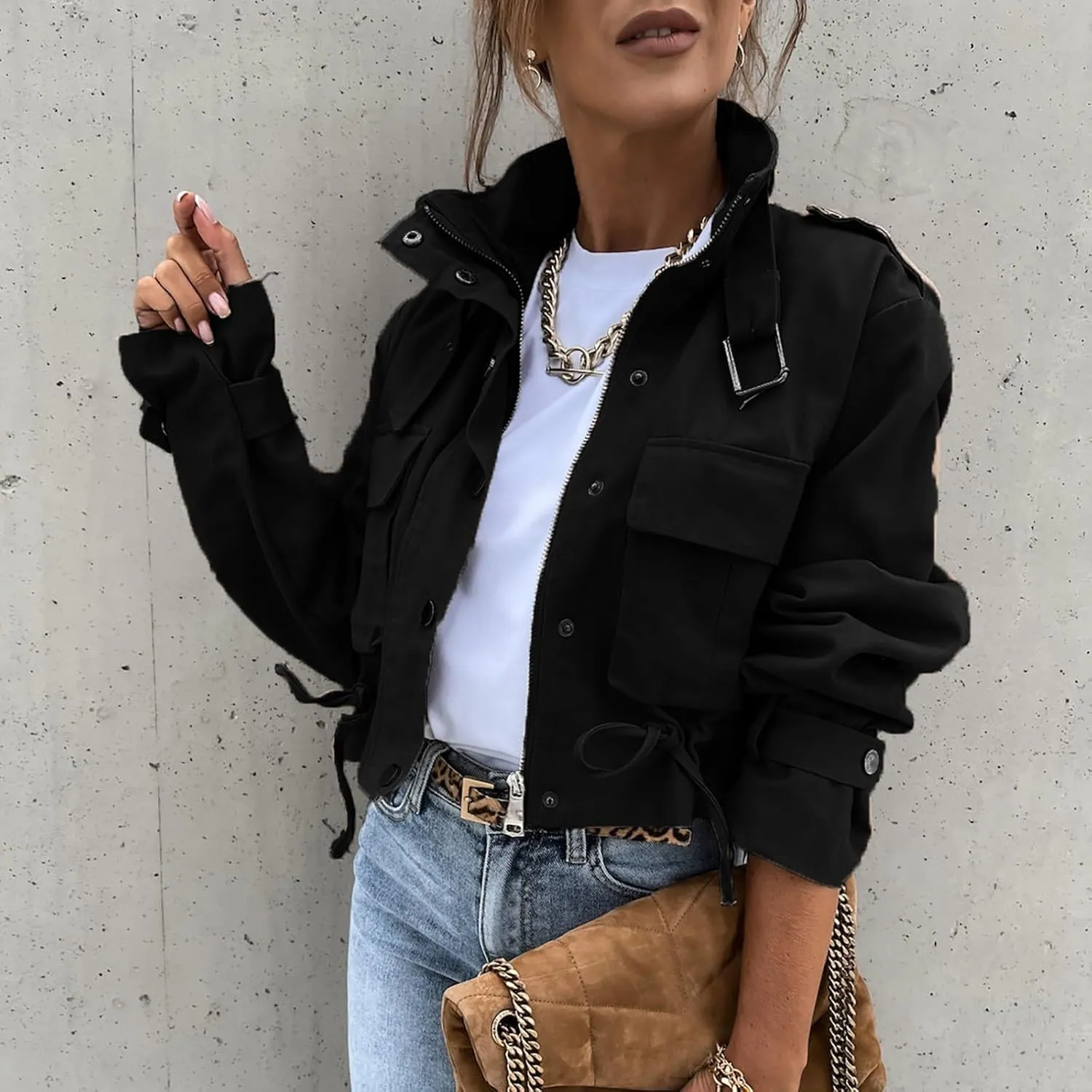 PeQAQ Women's Military Cropped Jackets Trendy Cropped Cargo Coats Button Down Lightweight Utility Anorak Coat with Pockets