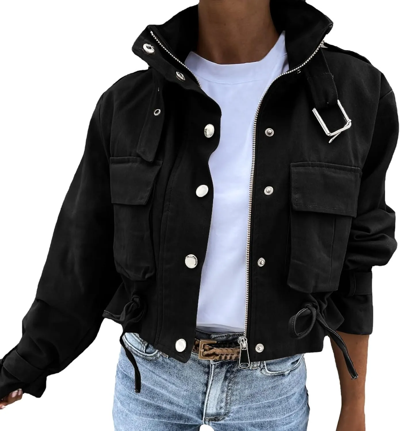 PeQAQ Women's Military Cropped Jackets Trendy Cropped Cargo Coats Button Down Lightweight Utility Anorak Coat with Pockets