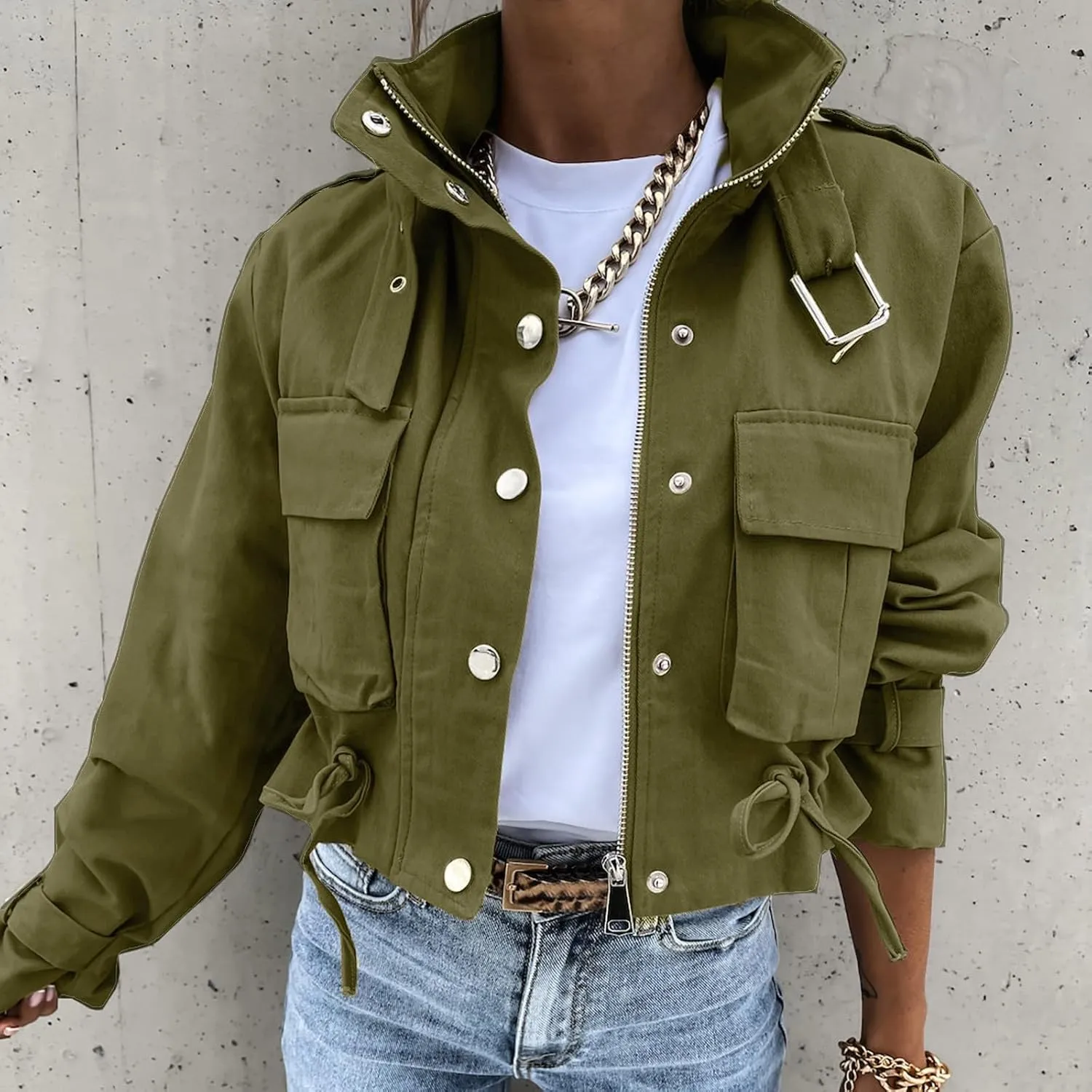 PeQAQ Women's Military Cropped Jackets Trendy Cropped Cargo Coats Button Down Lightweight Utility Anorak Coat with Pockets