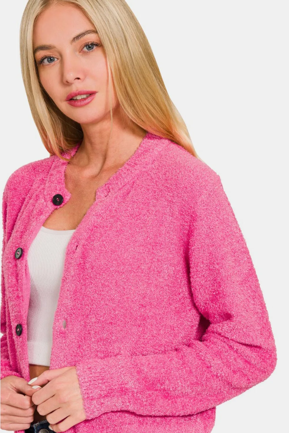 Pink Button Down Long Sleeve Sweater Cardigan