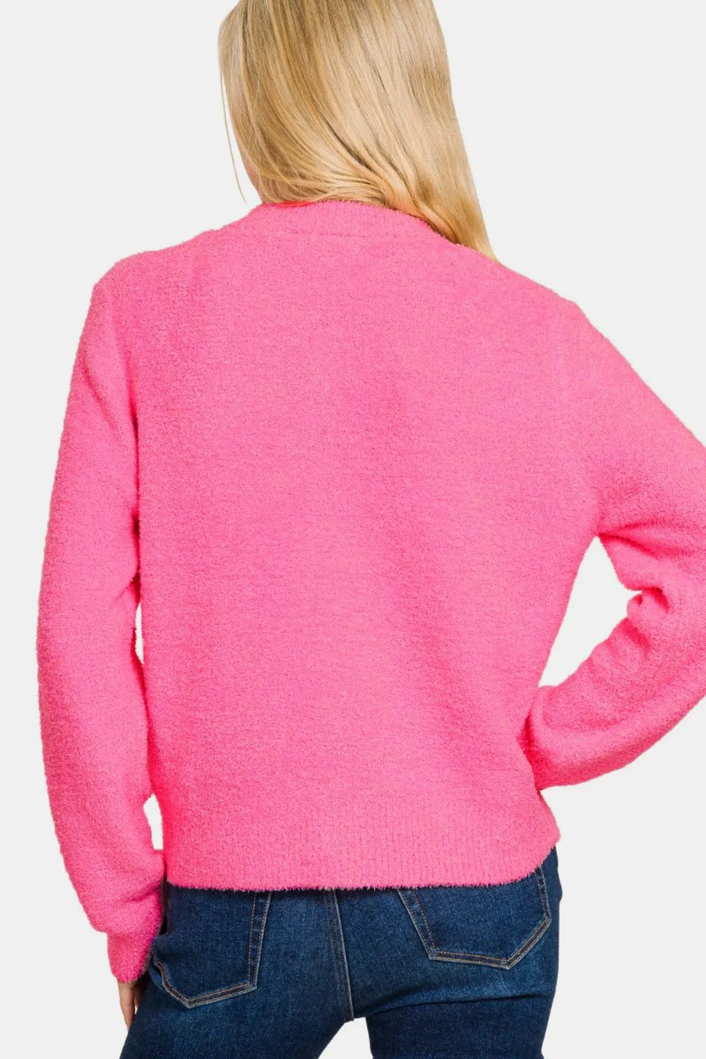 Pink Button Down Long Sleeve Sweater Cardigan