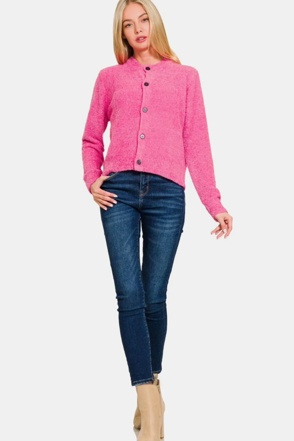 Pink Button Down Long Sleeve Sweater Cardigan