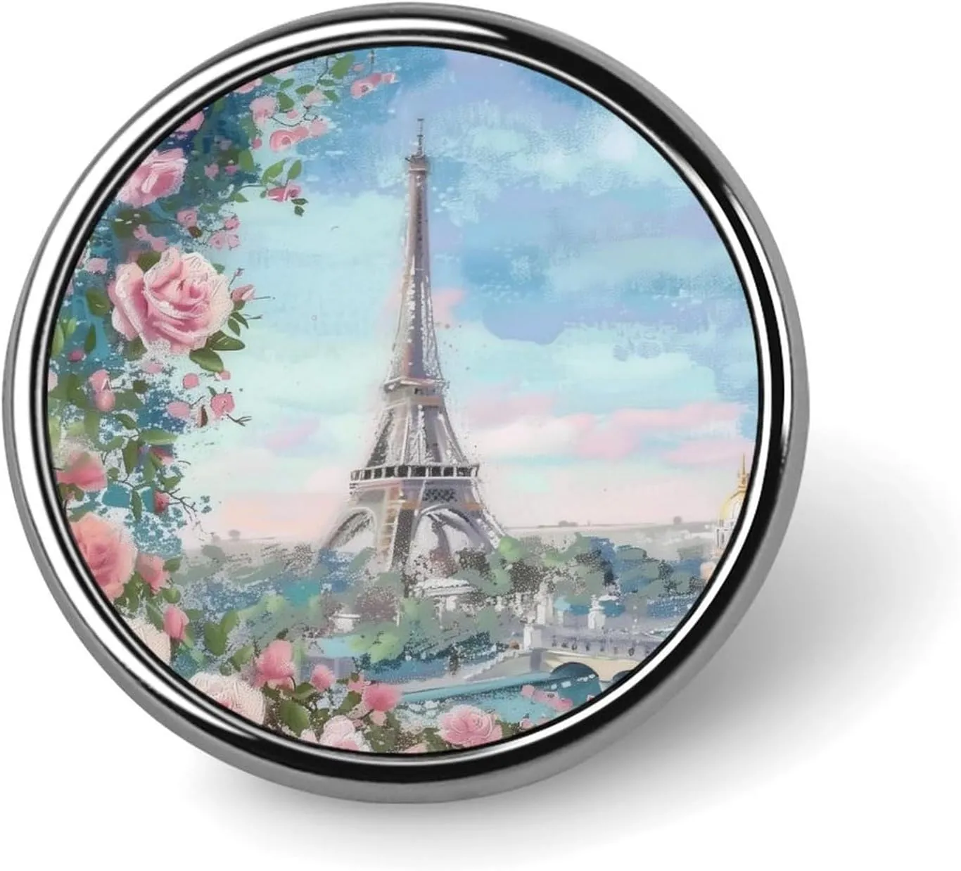 Pink Rose Eiffel Tower Round Brooch Pin Badge Lapel Tie Pin for Women Men Office Worker Teacher Decor