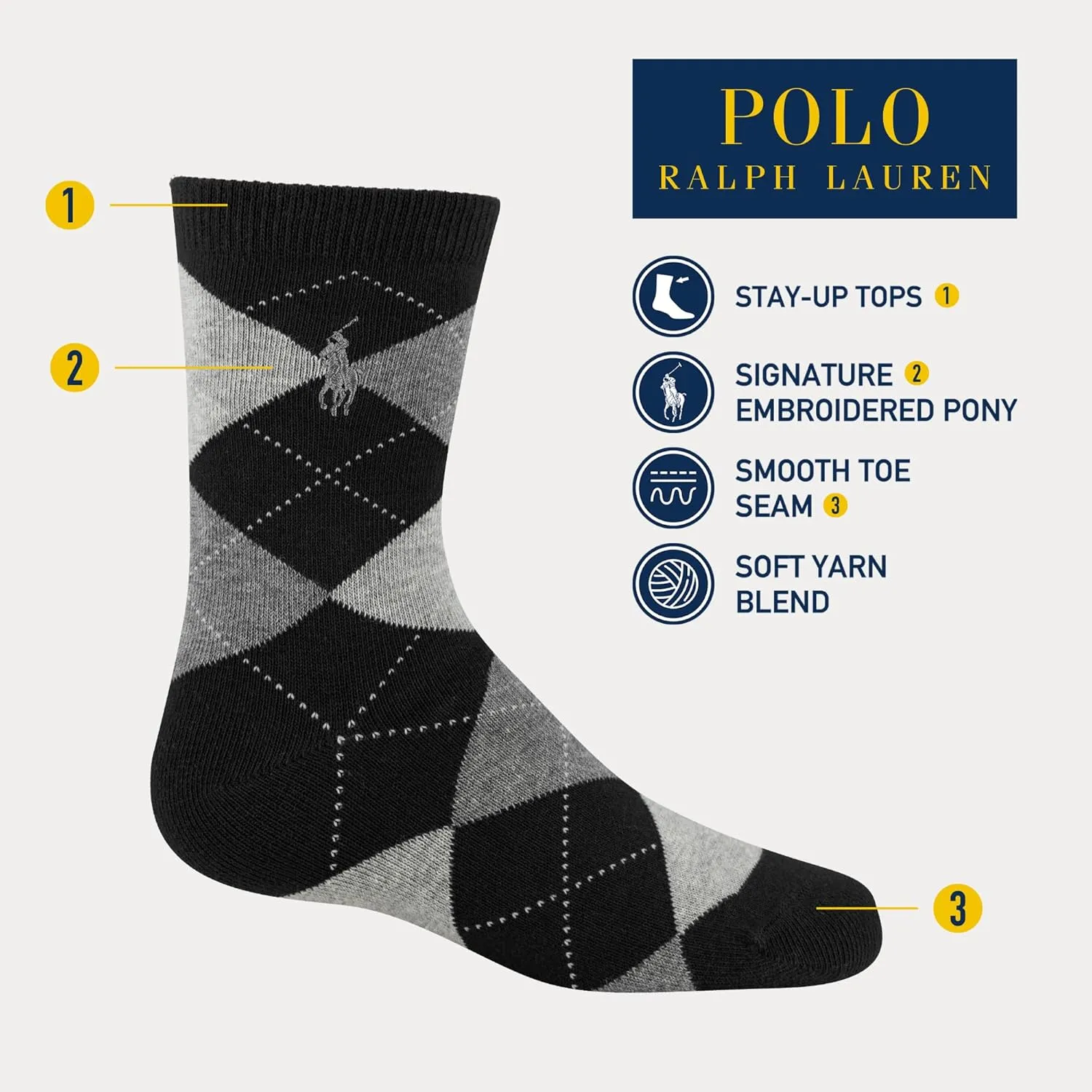 Polo Ralph Lauren Boys' Argyle Pattern Dress Crew Socks-3 Pair Pack-Soft Lightweight Cotton Comfort