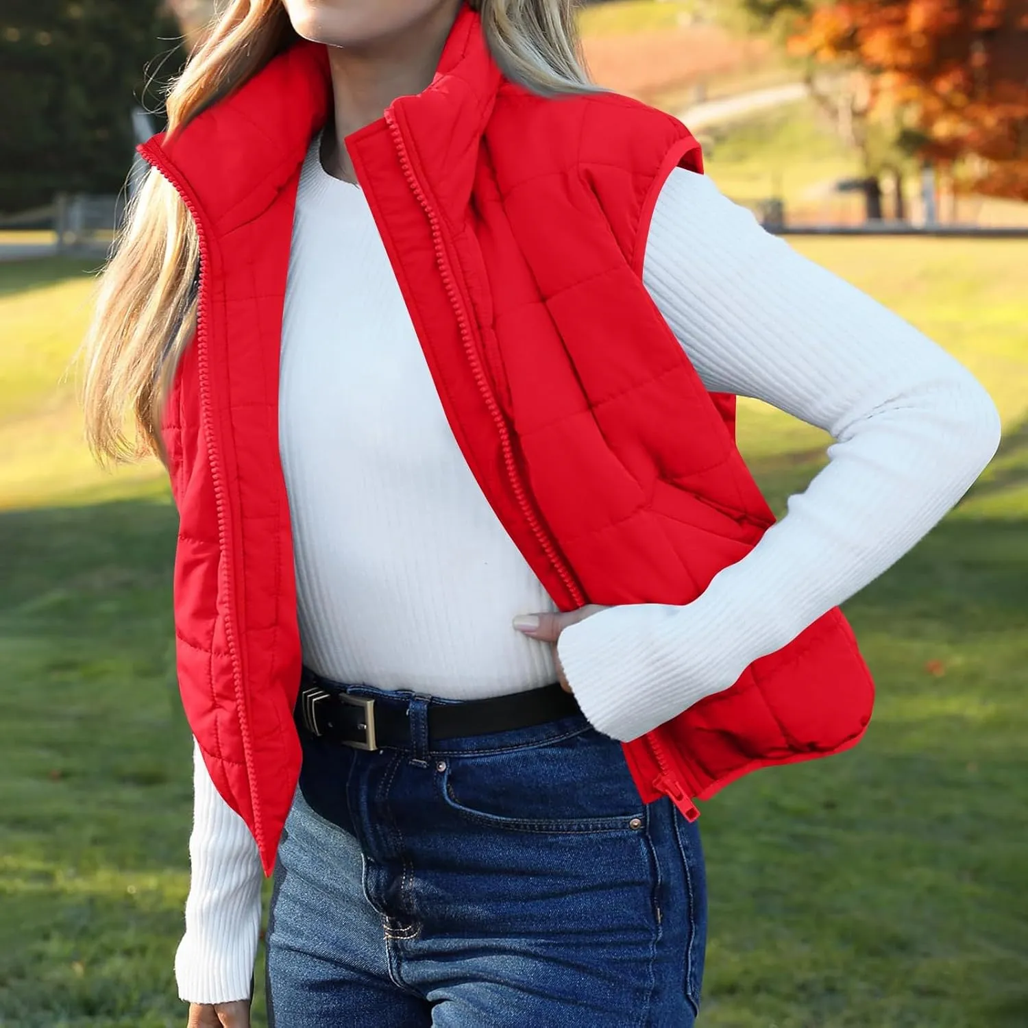 Puffer Vest Women Lightweight Zip Up Quilted Vest Sleeveless Stand Collar Waistcoat Vest with Pockets Fall Jackets