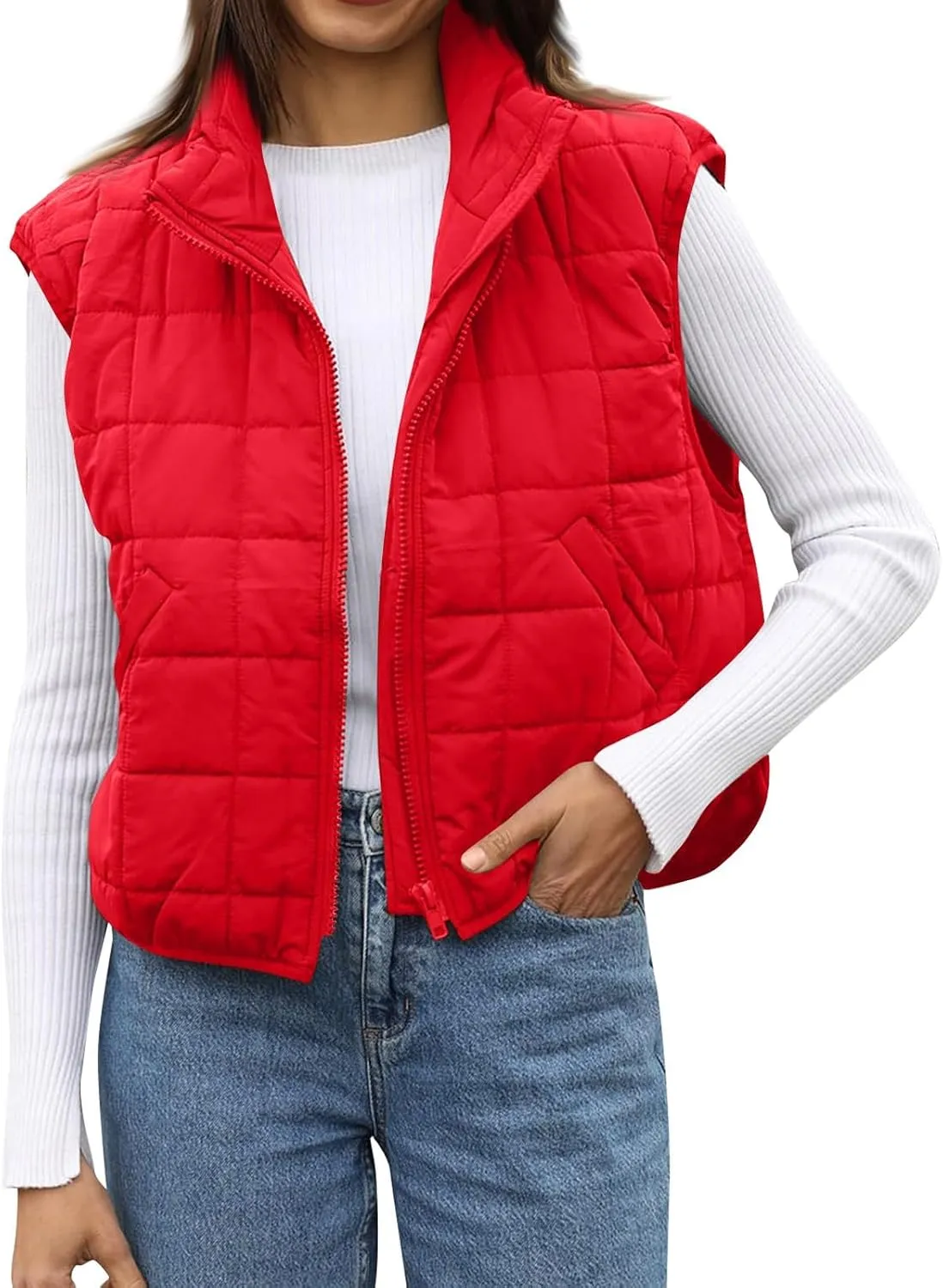 Puffer Vest Women Lightweight Zip Up Quilted Vest Sleeveless Stand Collar Waistcoat Vest with Pockets Fall Jackets