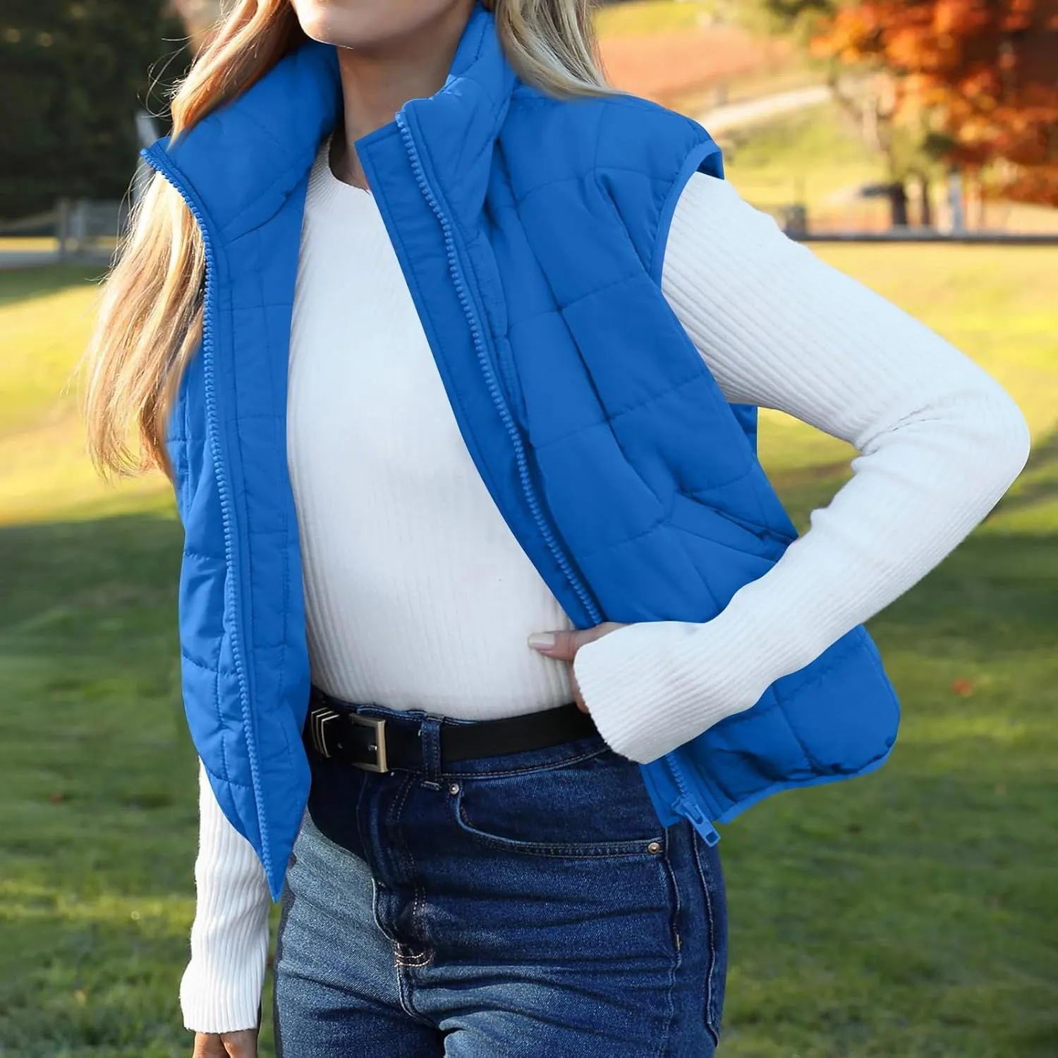 Puffer Vest Women Lightweight Zip Up Quilted Vest Sleeveless Stand Collar Waistcoat Vest with Pockets Fall Jackets