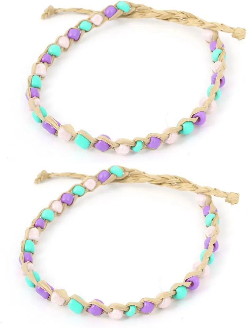 Qtqgoitem 2 Pcs Women Adjustable Beads Straw Woven Bracelet Green Purple Pink (Model: 085 0e0 6fe c12 015)