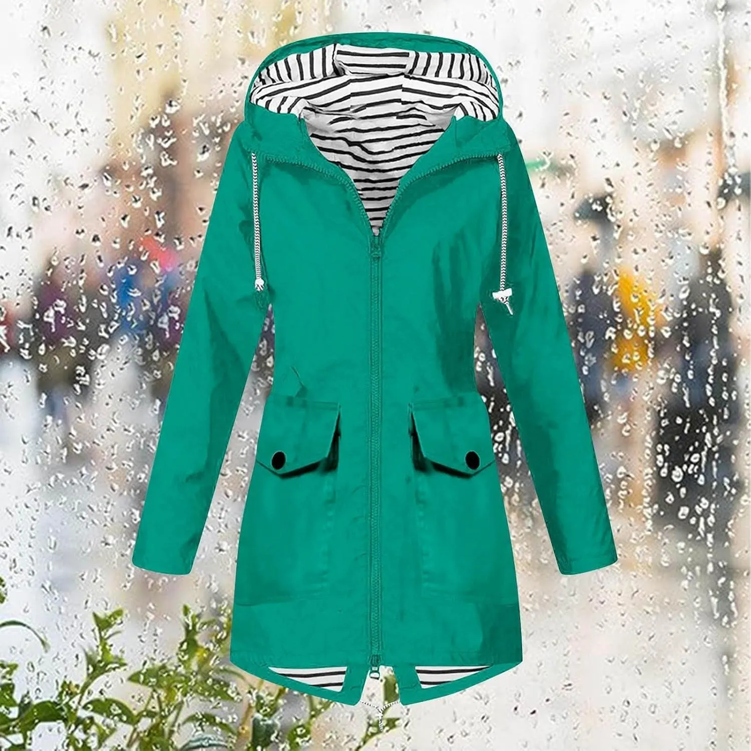 Rain Jacket Women Hooded Waterproof Windbreaker Full Zip Stripe Lined Trench Coats High Low Hem Outdoor Travel Coat