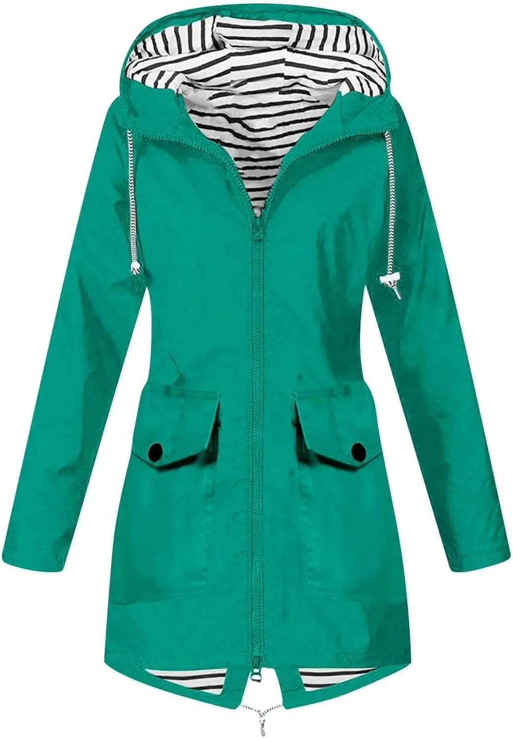 Rain Jacket Women Hooded Waterproof Windbreaker Full Zip Stripe Lined Trench Coats High Low Hem Outdoor Travel Coat